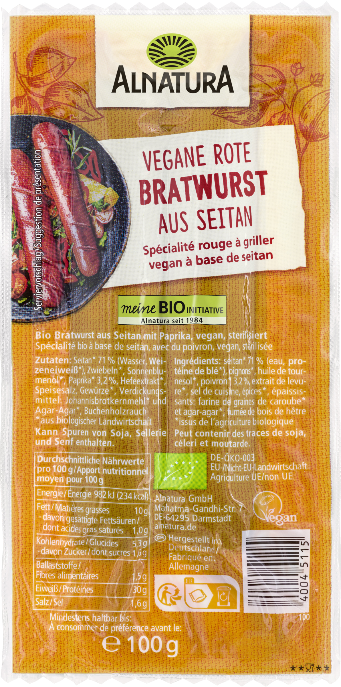 Alnatura Bio Rote Bratwurst aus Seitan (haltbar)