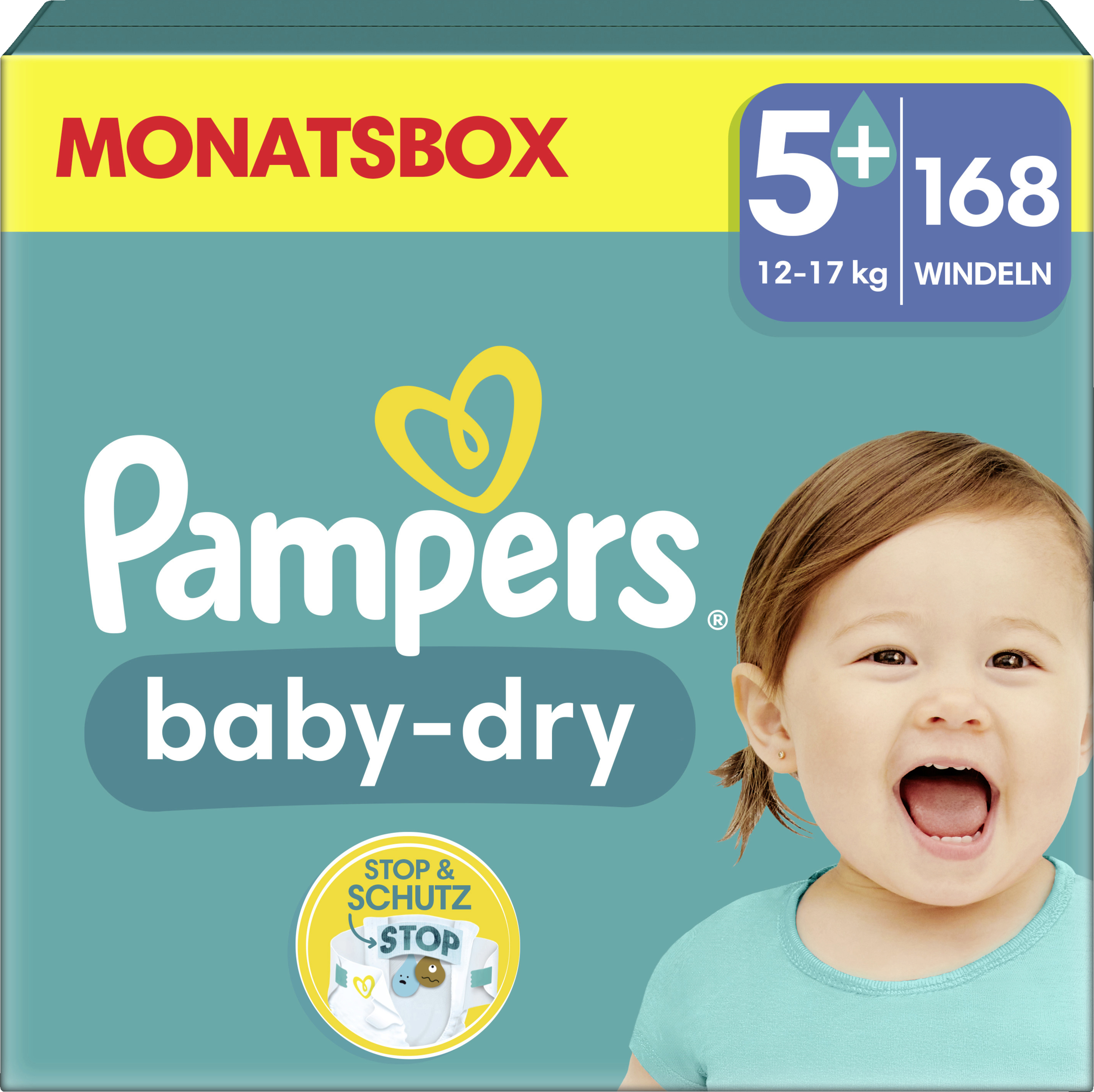 Pampers Baby Dry Windeln Gr. 5+ Maxi Plus (12-17 kg) Monatsbox 168 Stück