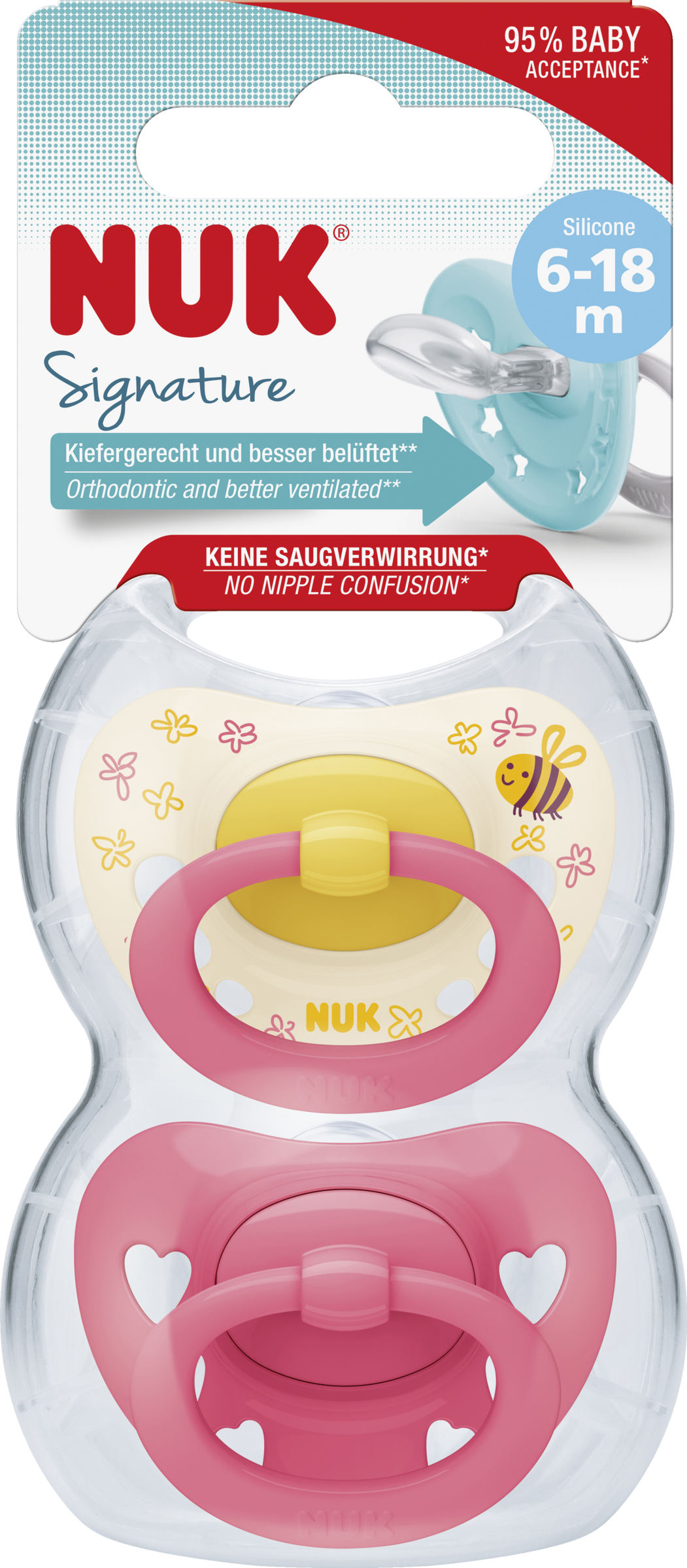 NUK Signature Silikon-Schnuller, rosa & gelb, 6-18 Monate