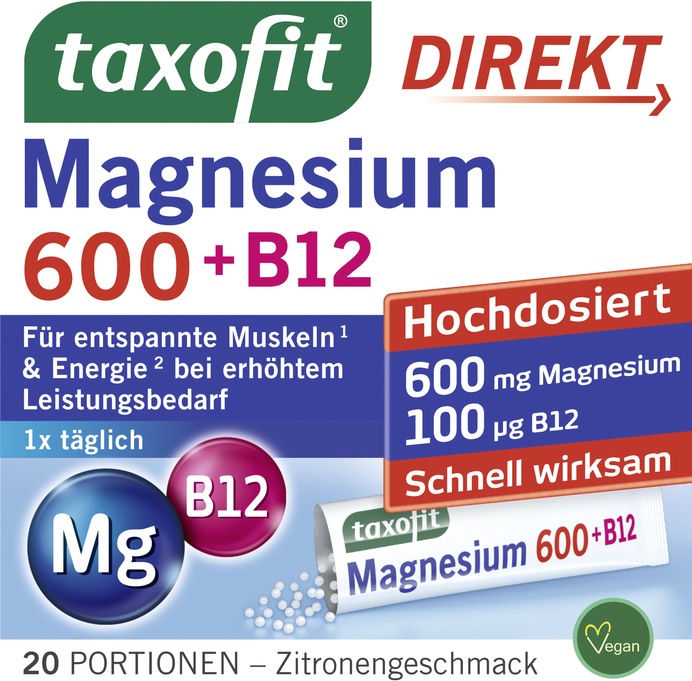 taxofit Magnesium 600 + B12 Direktgranulat Sticks