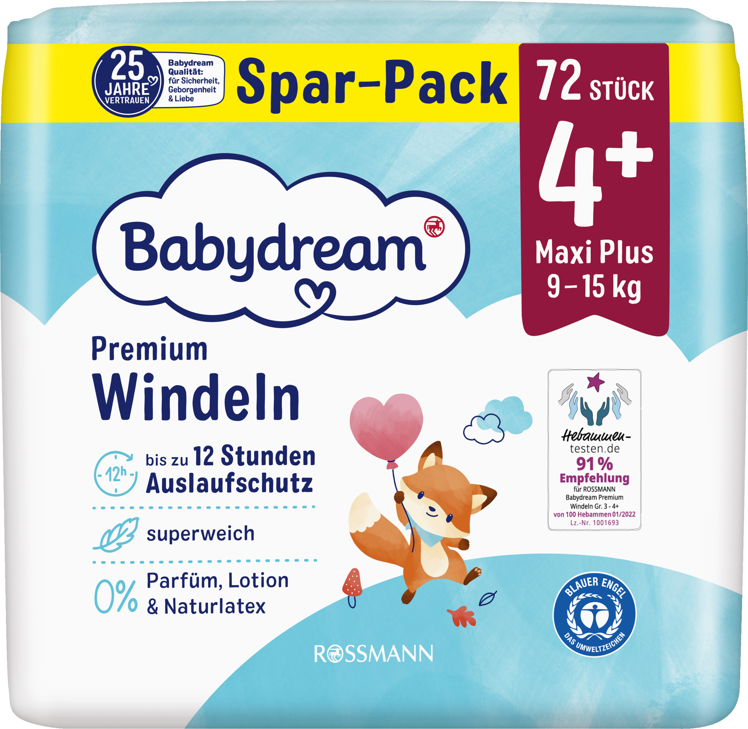 Babydream Premium Windeln Größe 4 +Maxi Jumbo, 72 Stück, 9-15kg