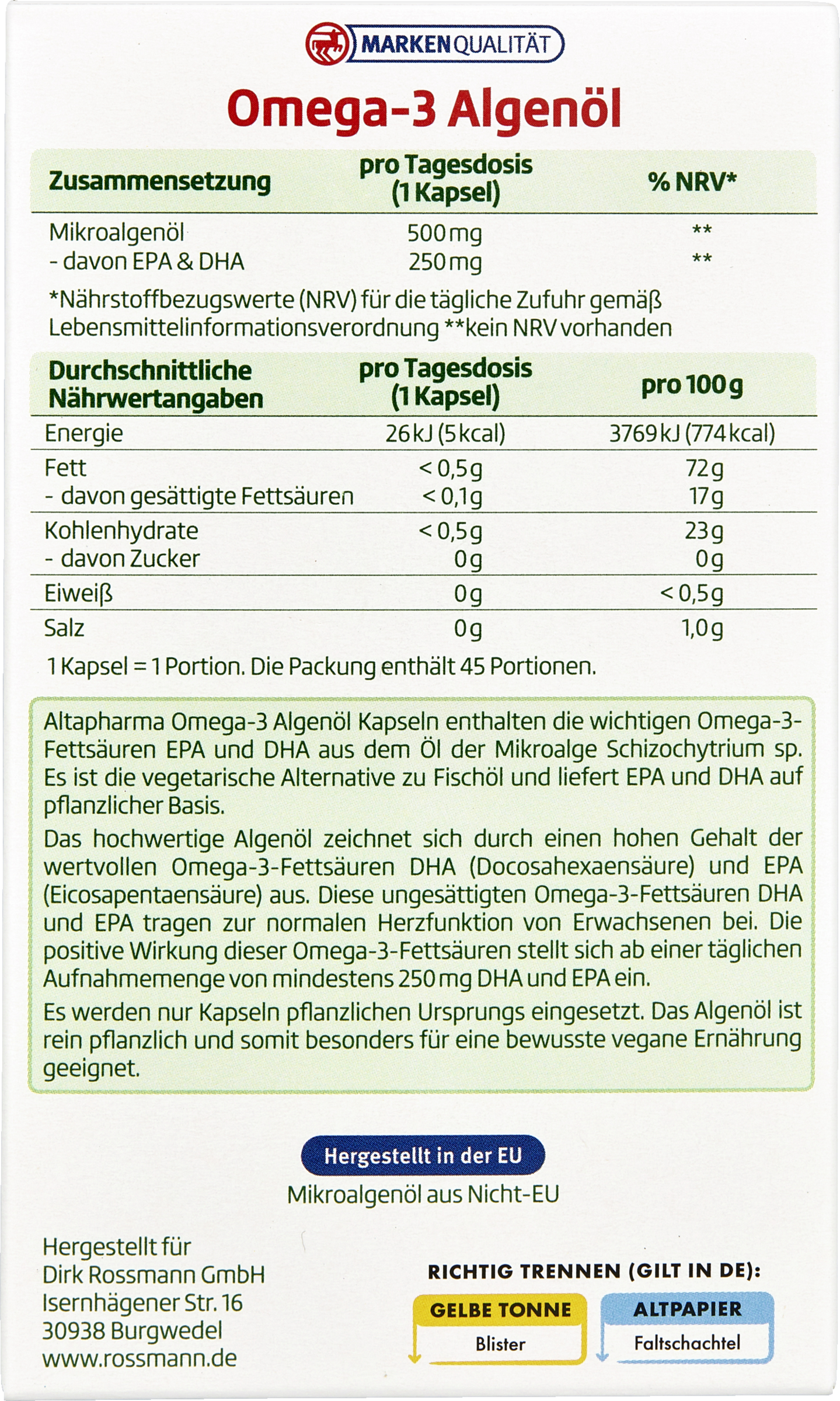altapharma Omega3 Algenöl online kaufen rossmann.de