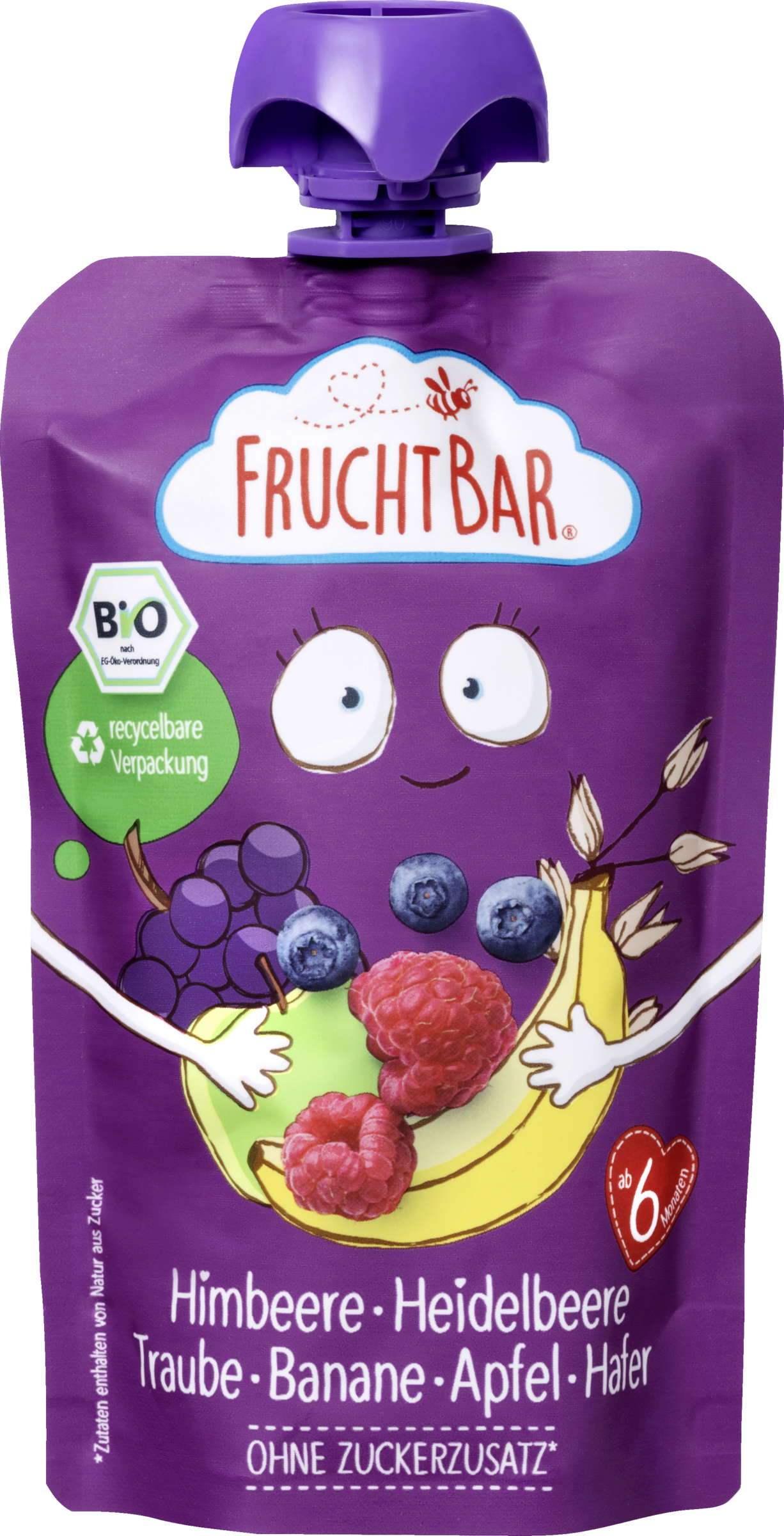 FruchtBar Bio Fruchtpüree Himbeere, Heidelbeere, Traube, Banane, Apfel & Hafer