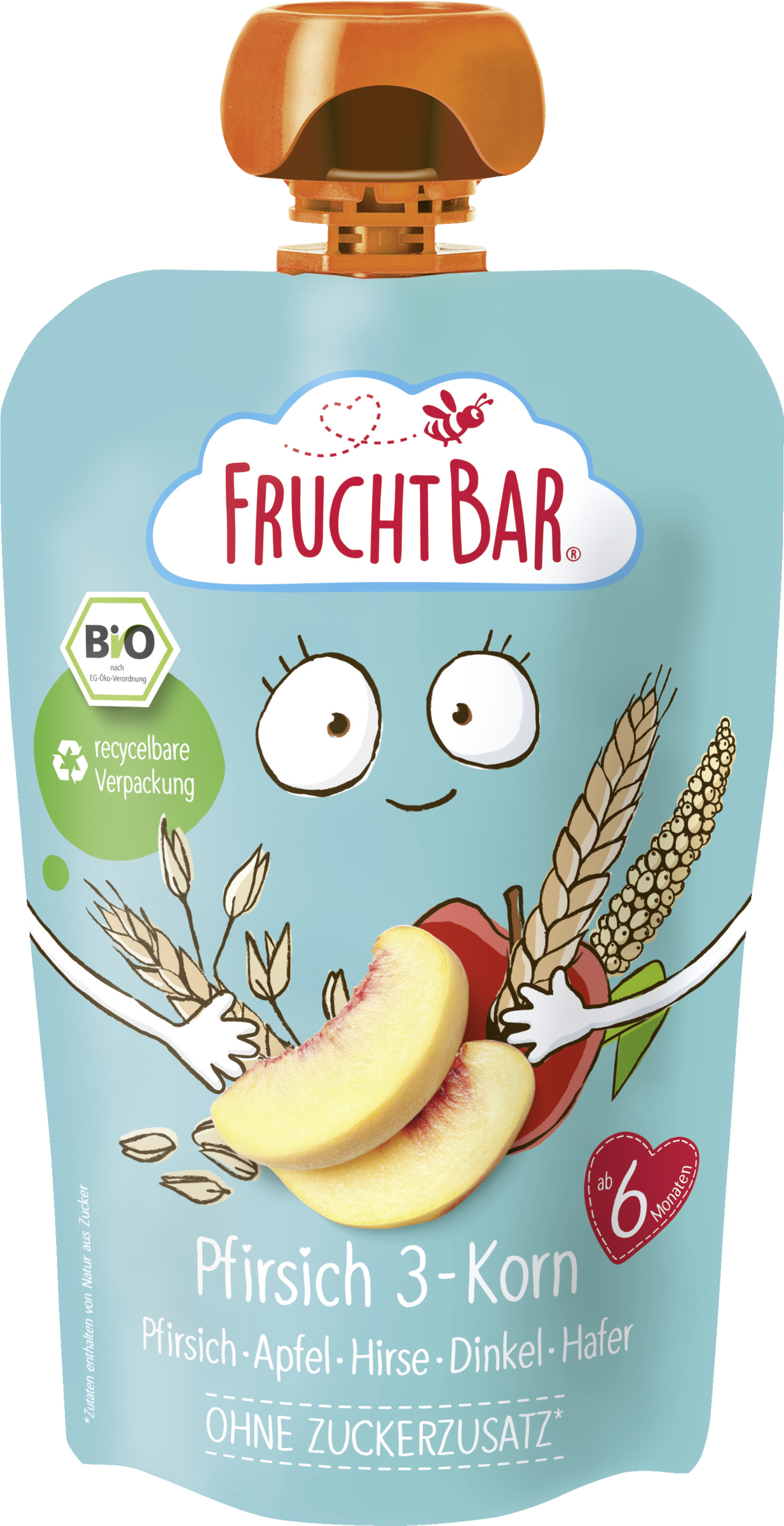 Bio Fruchtpüree Pfirsich 3-Korn, Pfirsich, Apfel, Hirse, Dinkel, Hafer