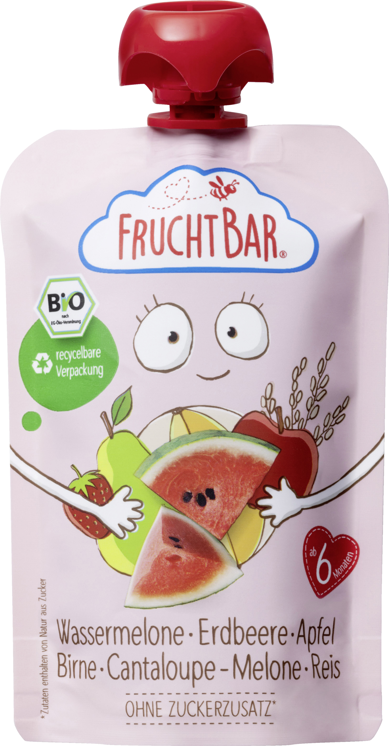 FruchtBar Bio Fruchtpüree Wassermelone, Erdbeer, Apfel, Birne, Cantaloupe-Melone & Reis