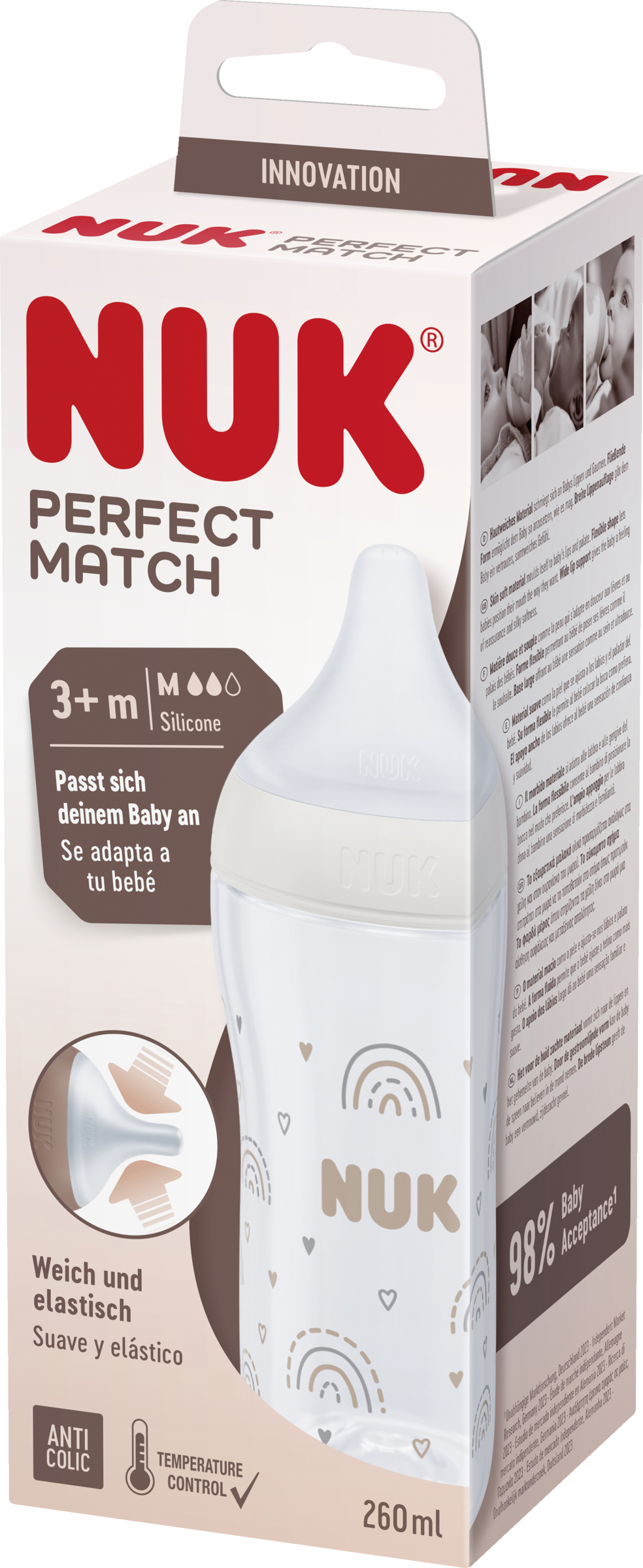 NUK Perfect Match Babyflasche Regenbogen mit Temperature Control, ab 3 Monate, 260 ml