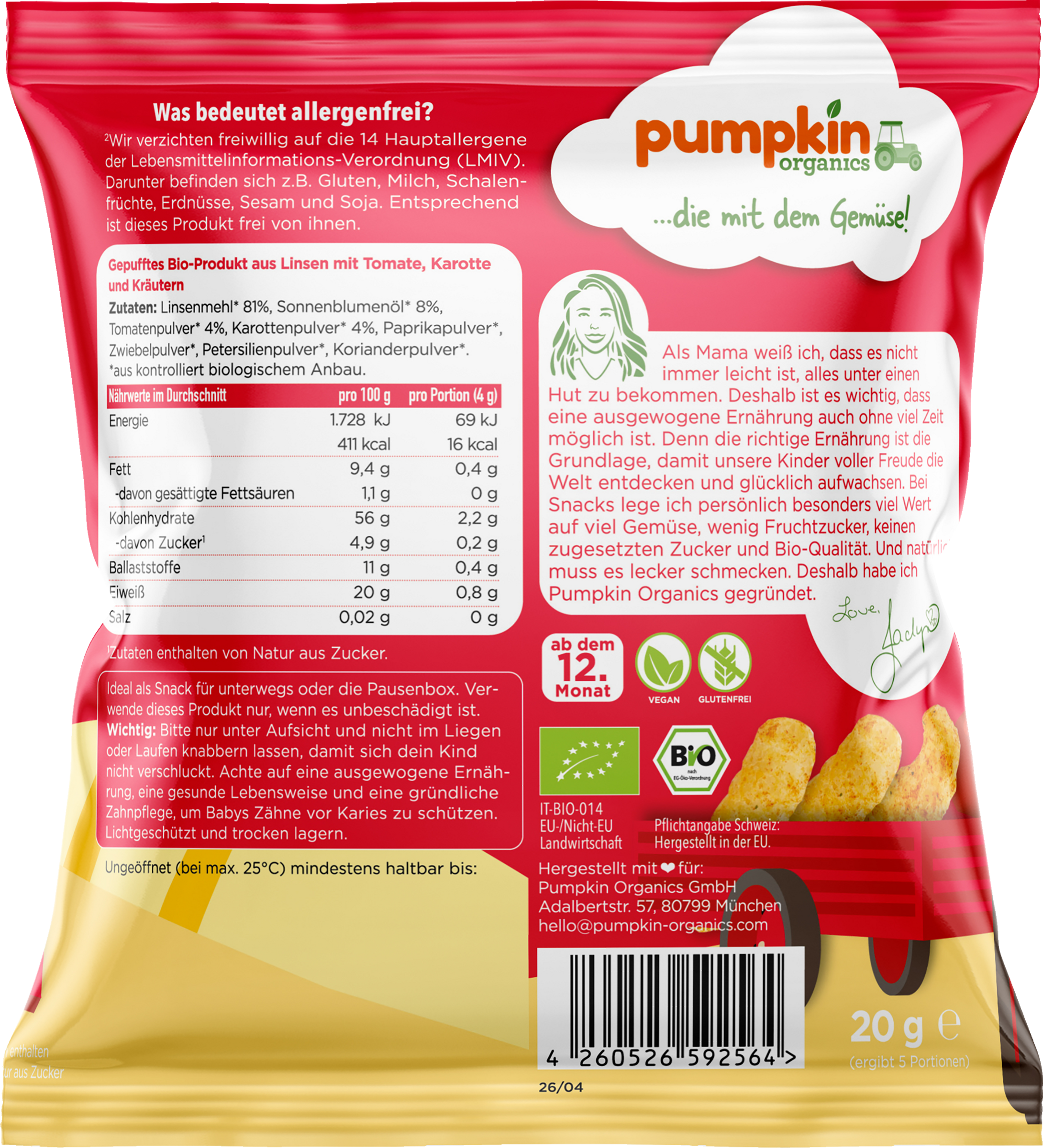 Pumpkin Organics Bio Linsen Puffs mit Tomate, Karotte & Kräutern online