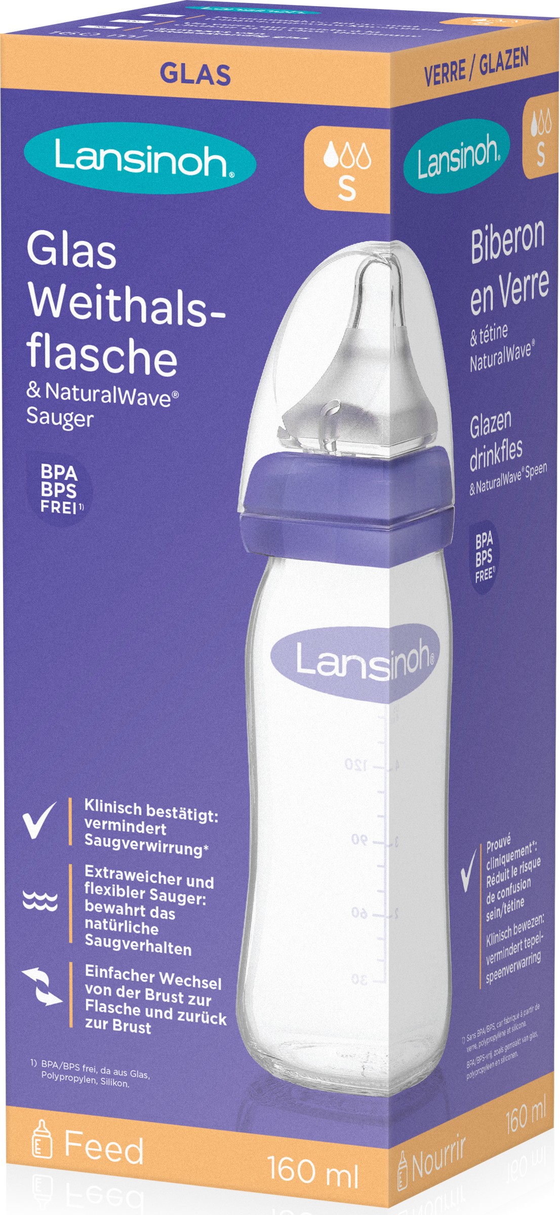 Lansinoh NaturalWave® Glas-Weithalsflasche 160 ml Gr. S