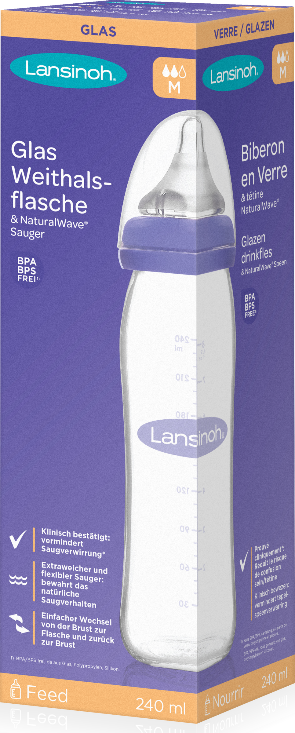 Lansinoh NaturalWave® Glas-Weithalsflasche 240 ml Gr. M