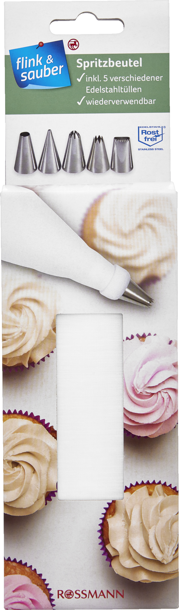 flink & sauber Spritzbeutel Set, inkl. 5 Edelstahltüllen, wiederverwendbar, spülmaschinengeeignet, 1 Stück