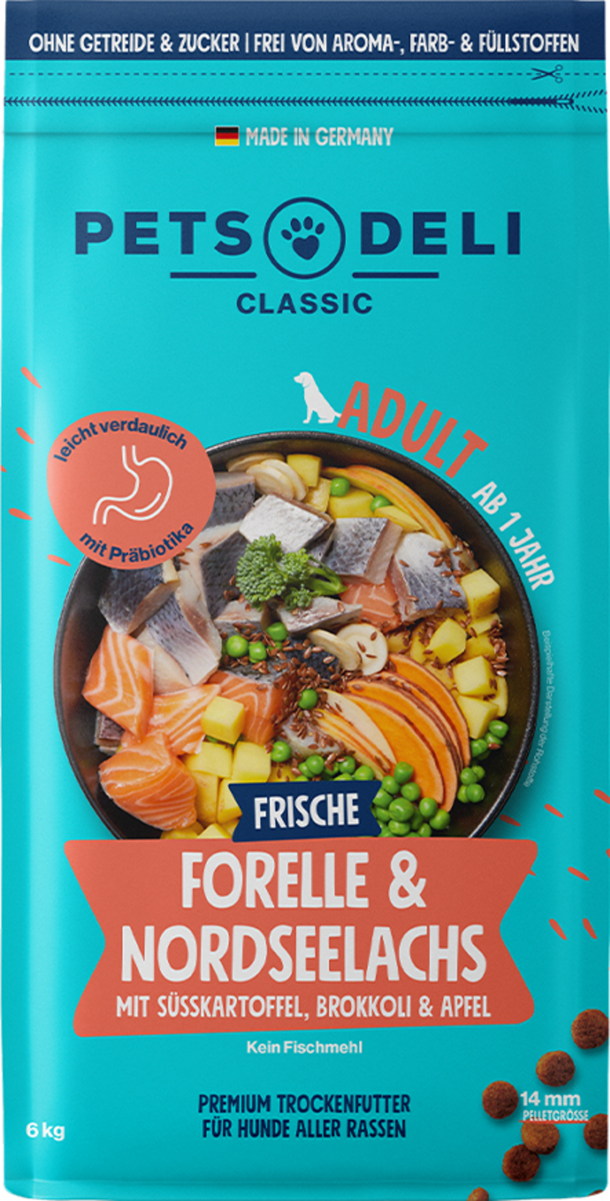 Trockenfutter Forelle & Nordseelachs mit Süßkartoffel, Brokkoli & Apfel