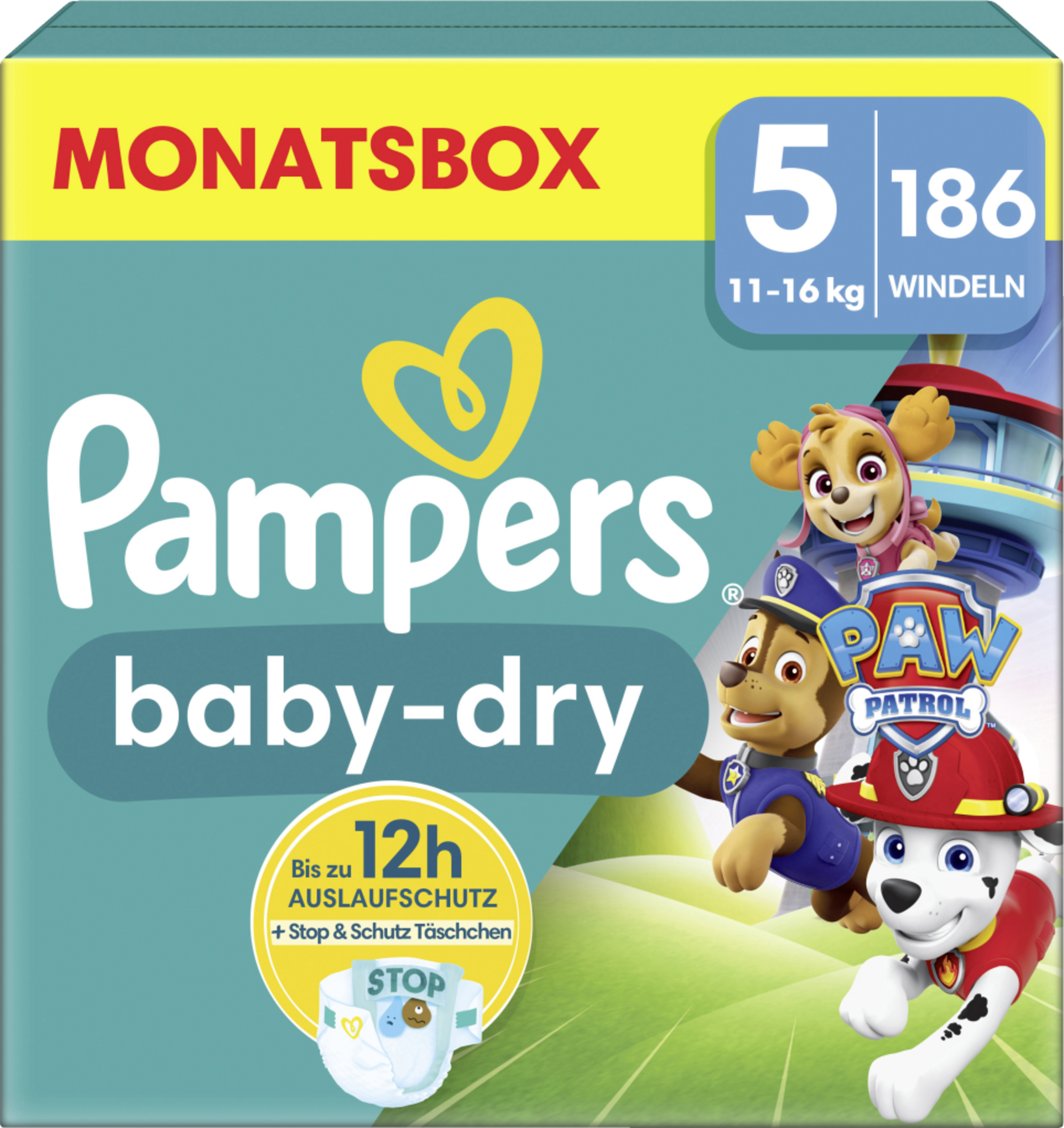 Pampers Baby Dry Windeln Paw Patrol Gr. 5 Junior (11-16 kg) Monatsbox 186 Stück