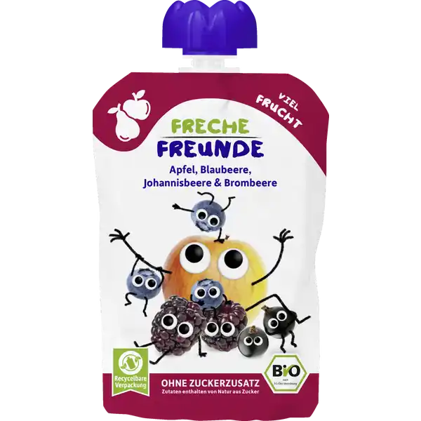 Freche FreundeQuetschie 100% Apfel, Blaubeere, Johannisbeere & Brombeere ab 6 Monaten, 100 g
