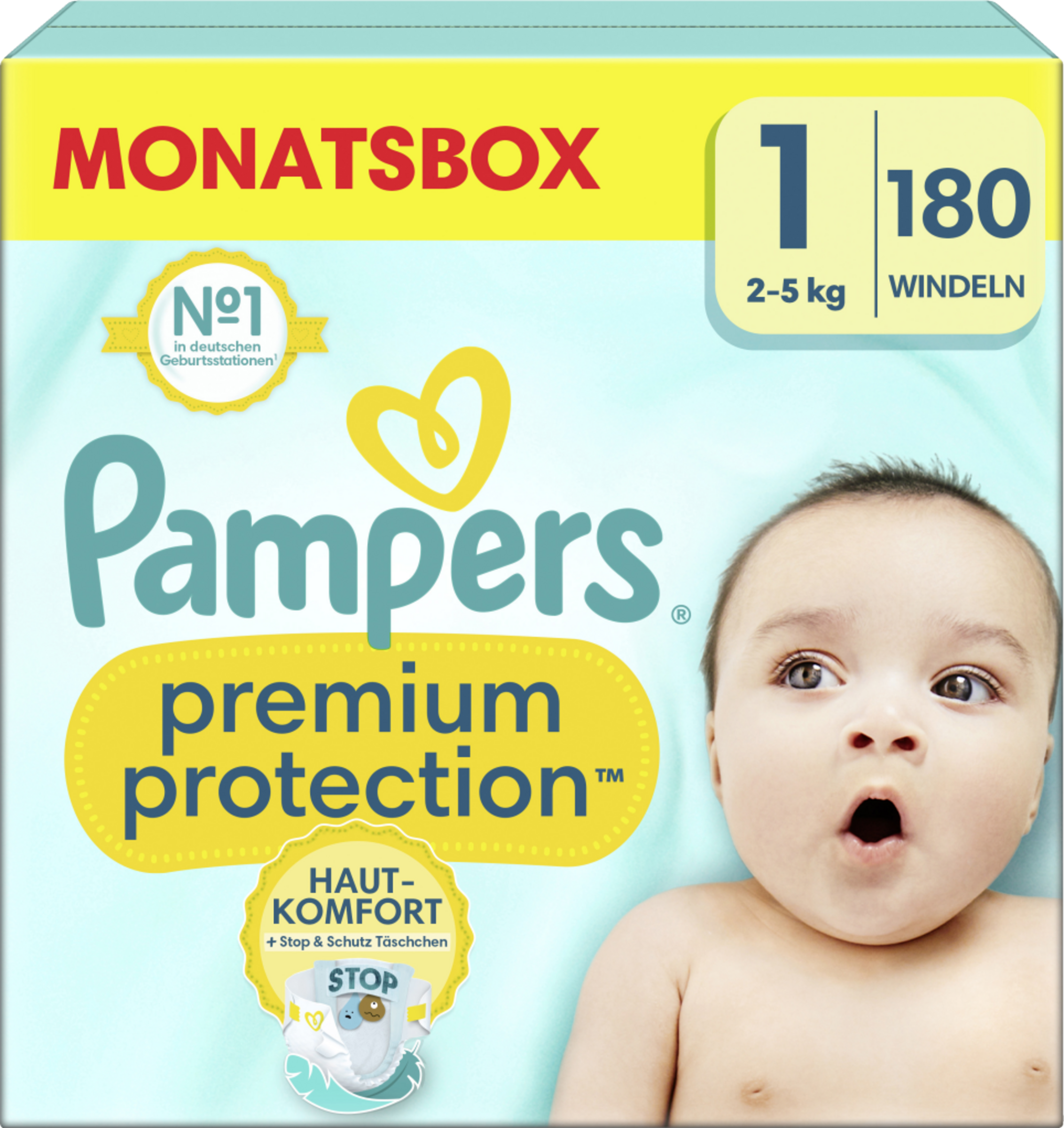 Pampers Premium Protection Windeln Gr. 1 New Born (2-5 kg) Monatsbox 180 Stück