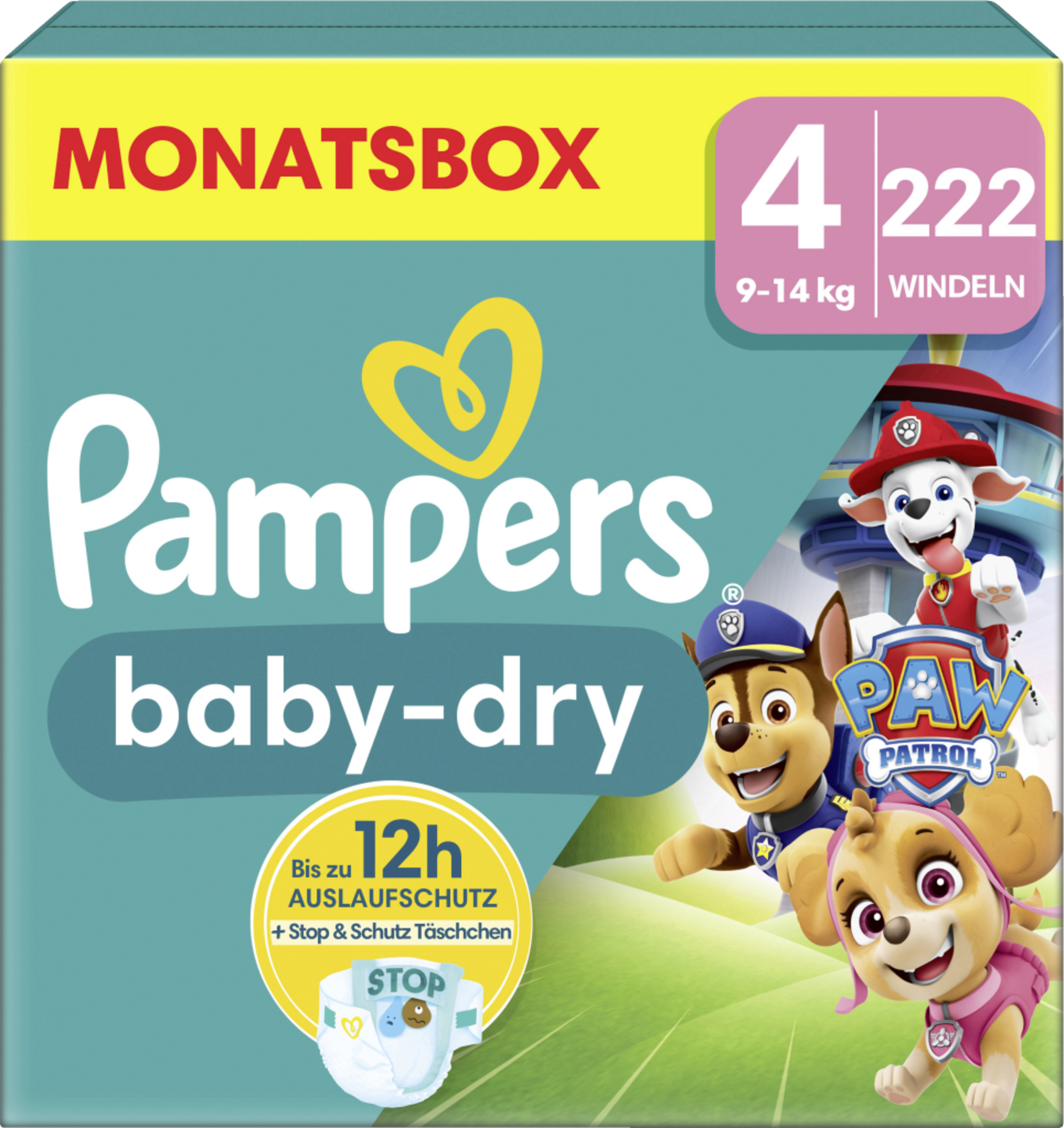 Pampers Baby Dry Windeln Paw Patrol Gr. 4 Maxi (9-14 kg) Monatsbox 222 Stück