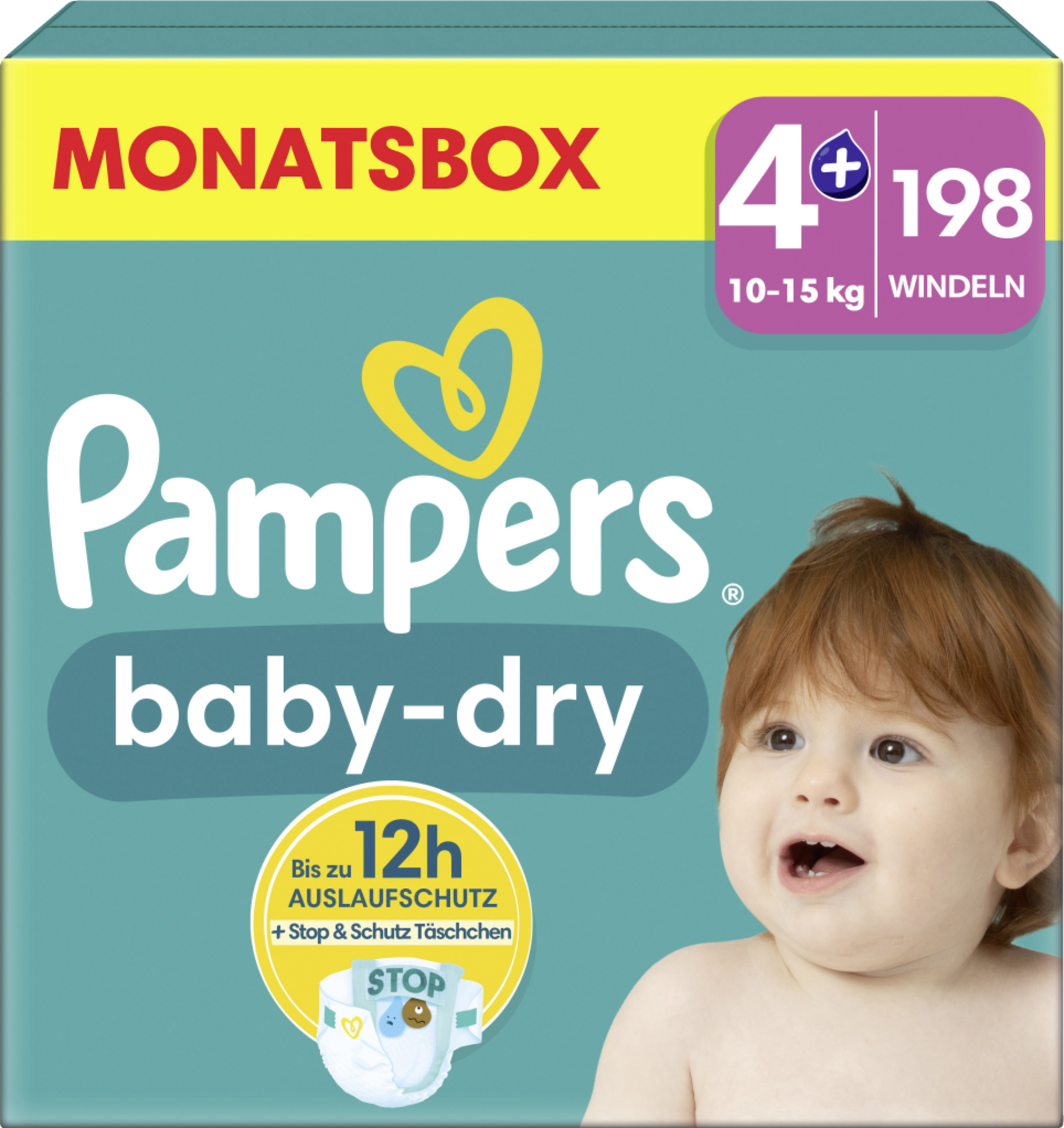 Pampers Baby Dry Windeln Gr. 4+ Maxi Plus (10-15 kg) Monatsbox 198 Stück
