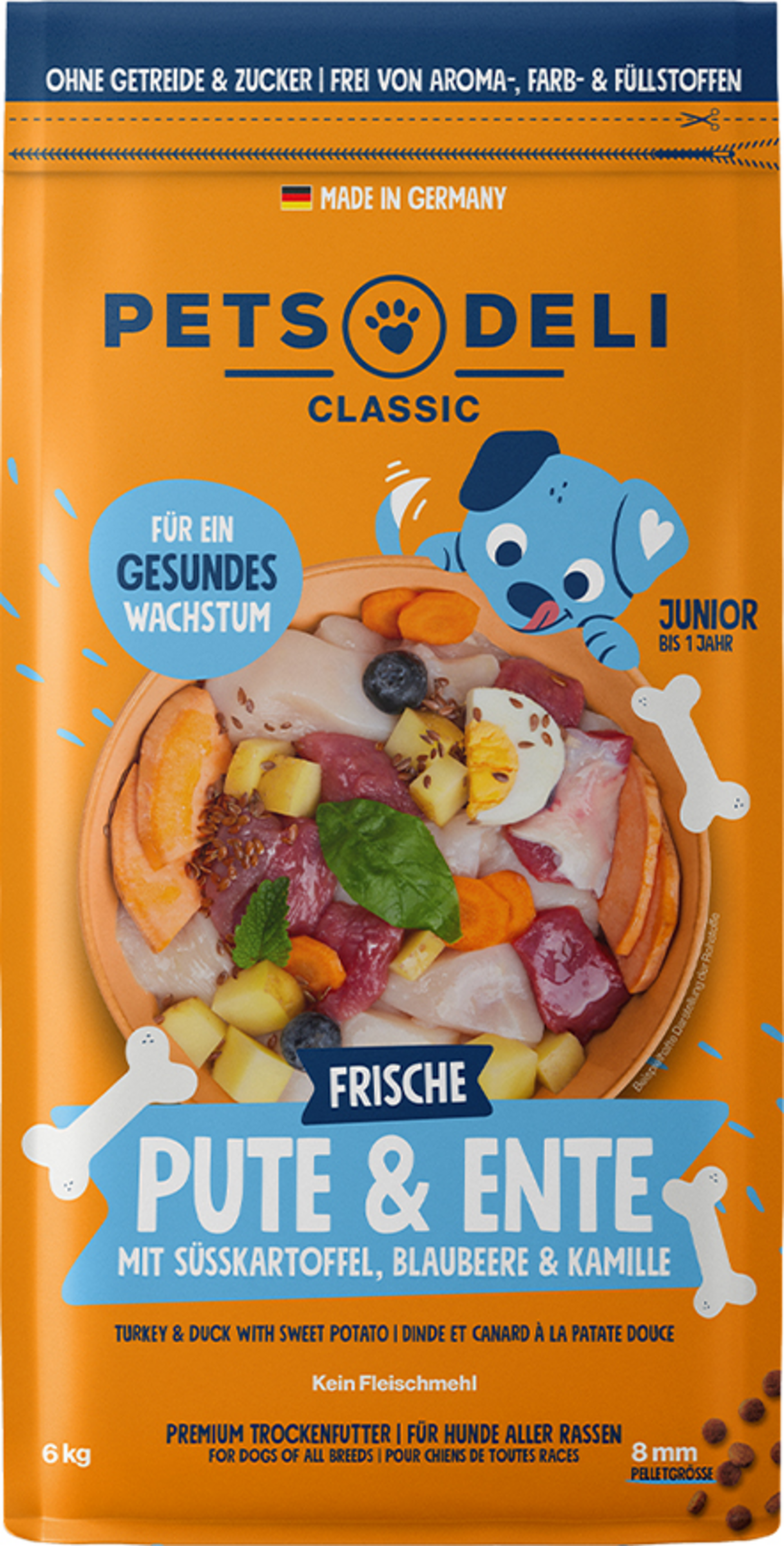 Trockenfutter Junior Pute mit Ente, Süßkartoffel, Blaubeere und Kamille