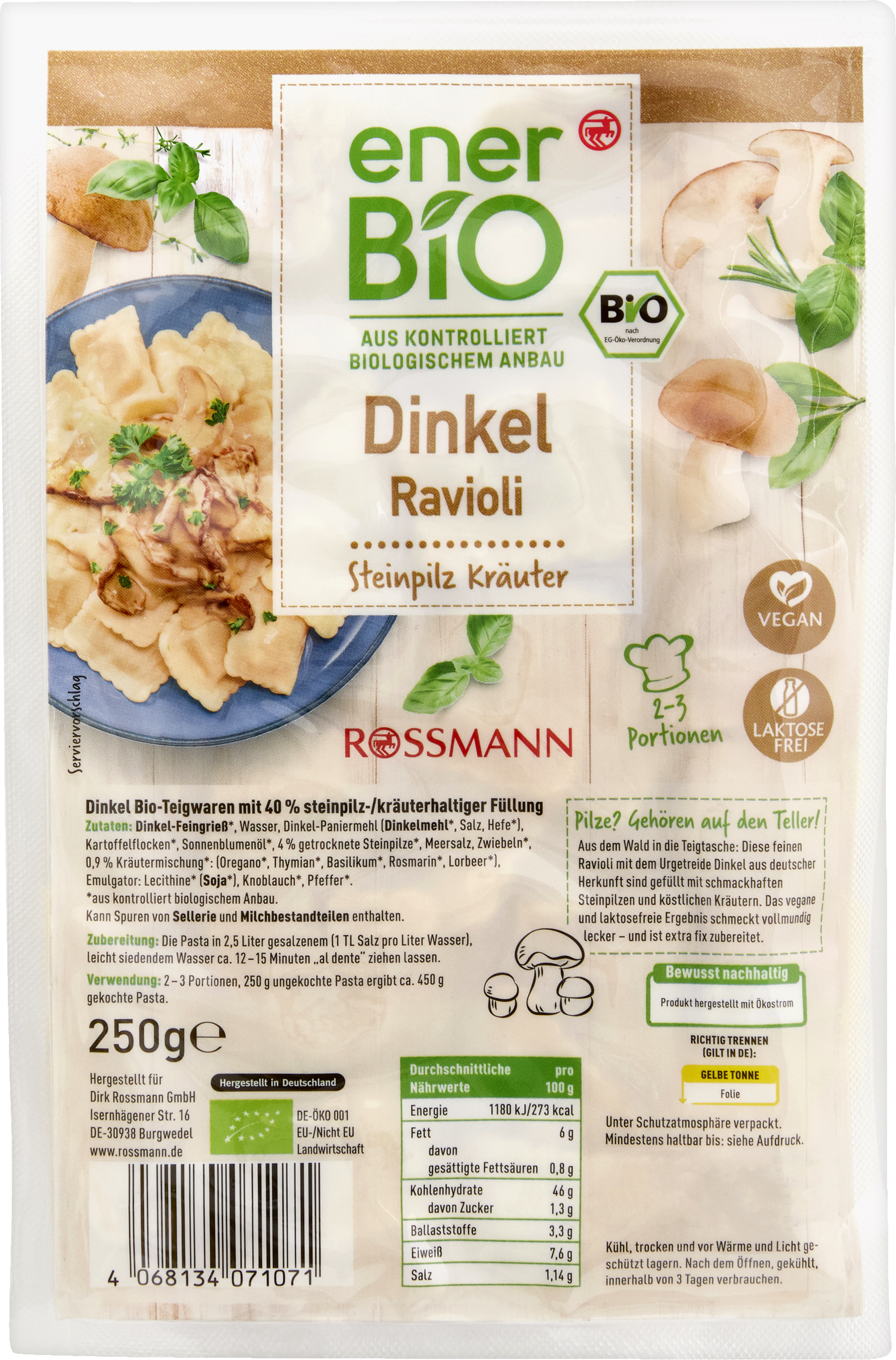 enerBiO Dinkel Ravioli Steinpilz Kräuter