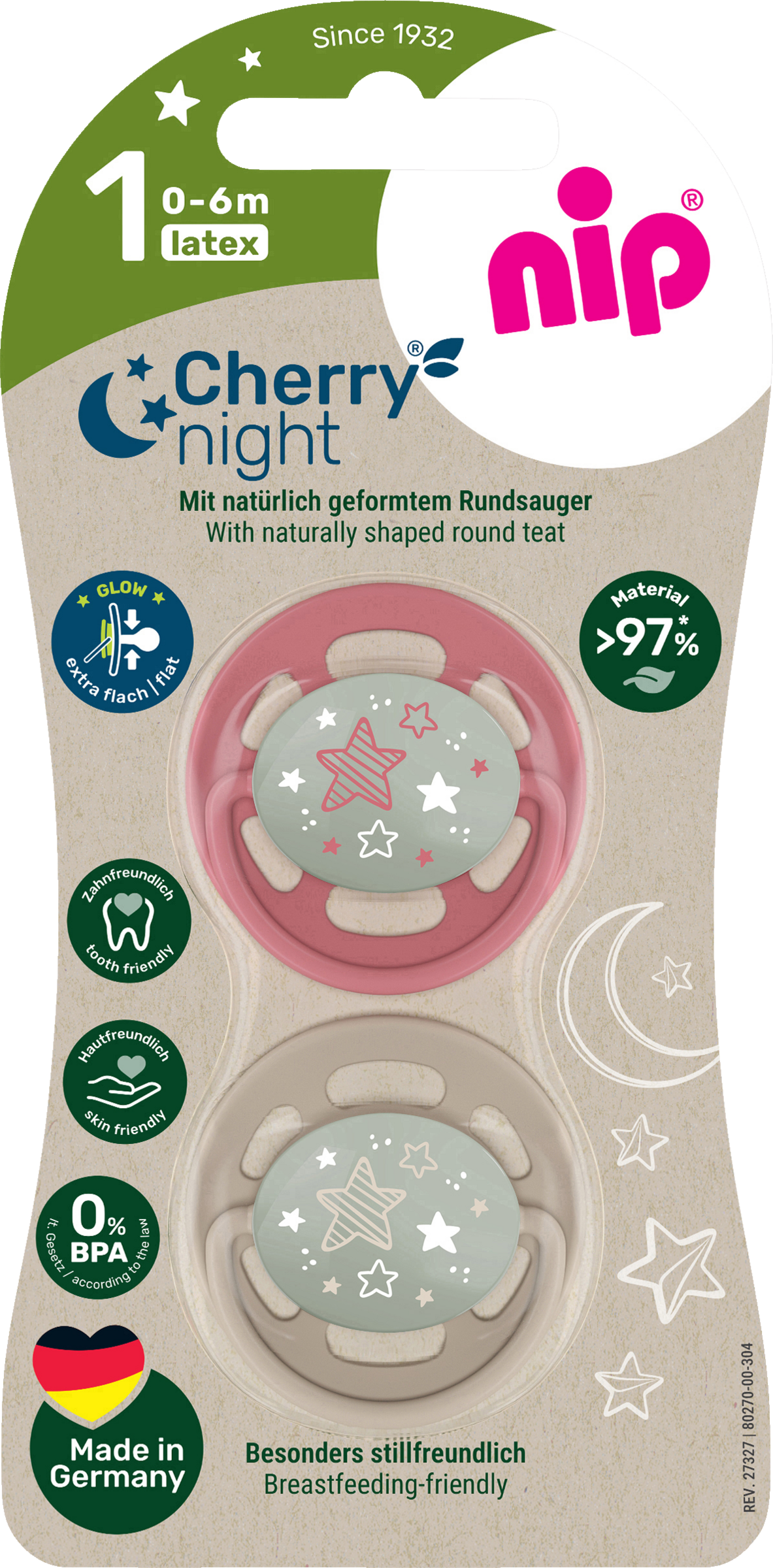 nip Cherry® Night Greenline Schnuller Gr. 1 (0-6 Monate); Rot/Braun