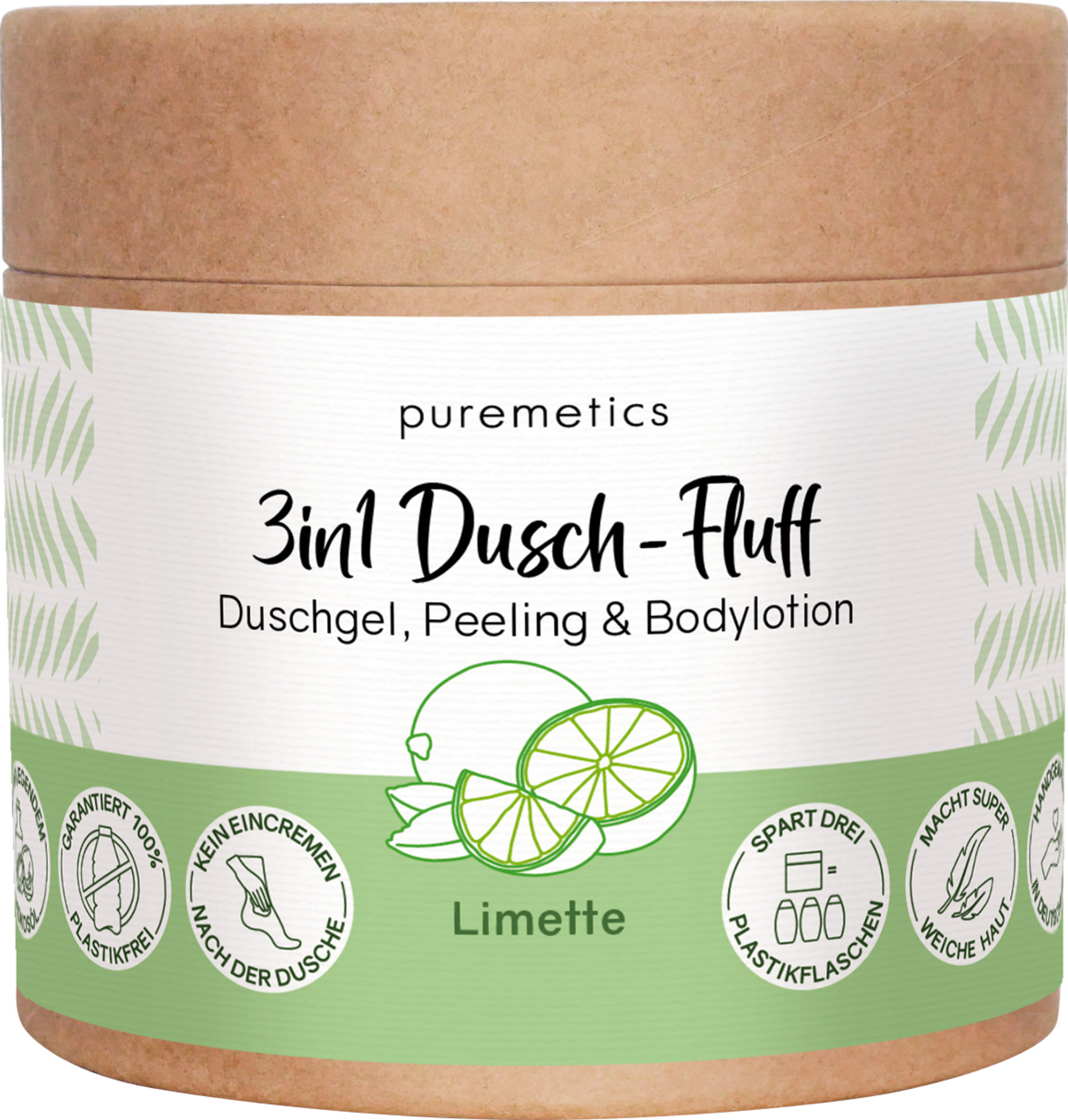 puremetics 3in1 Dusch-Fluff Limette mit Meersalzpeeling