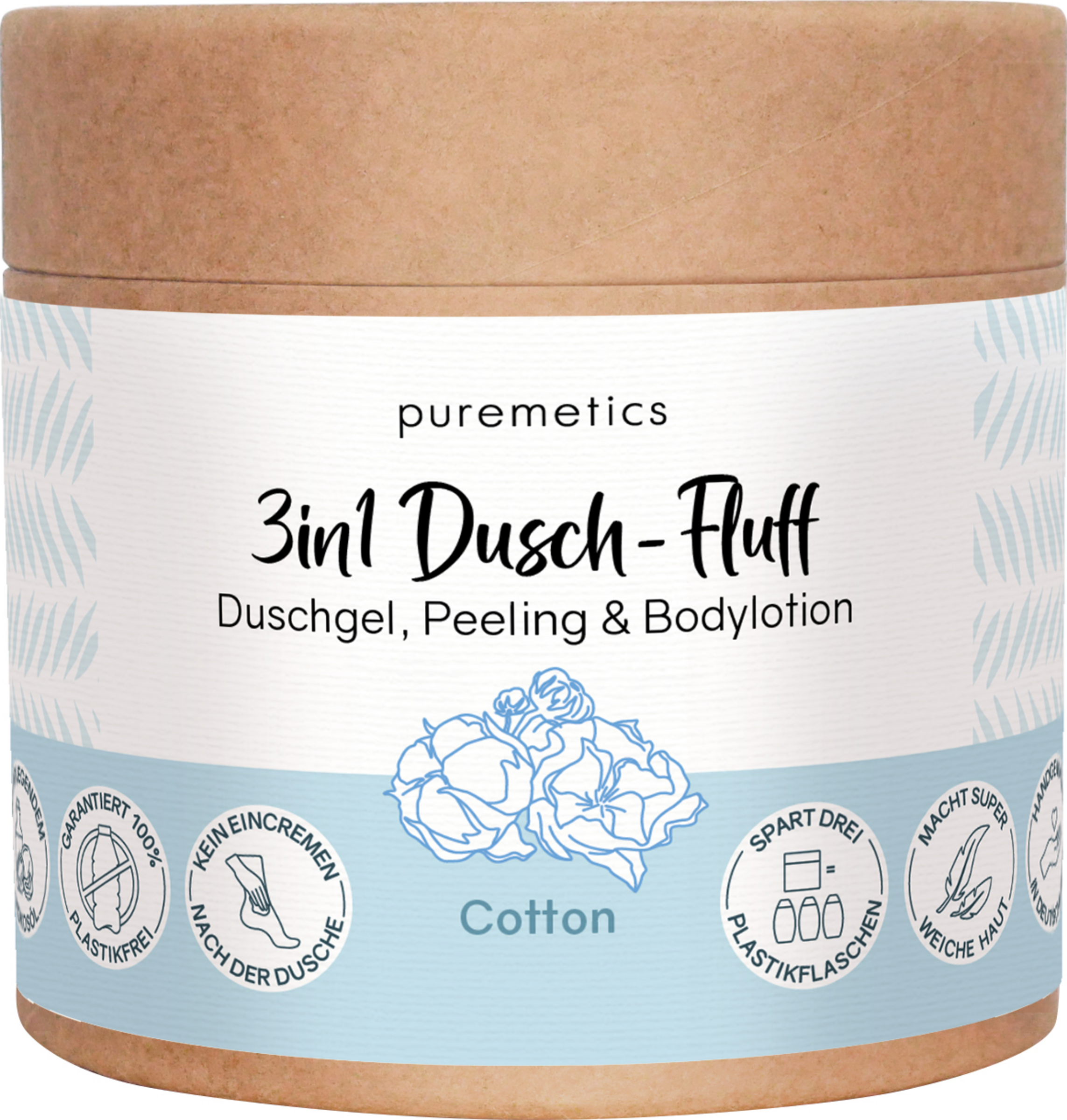 puremetics 3in1 Dusch-Fluff Cotton mit Zuckerpeeling