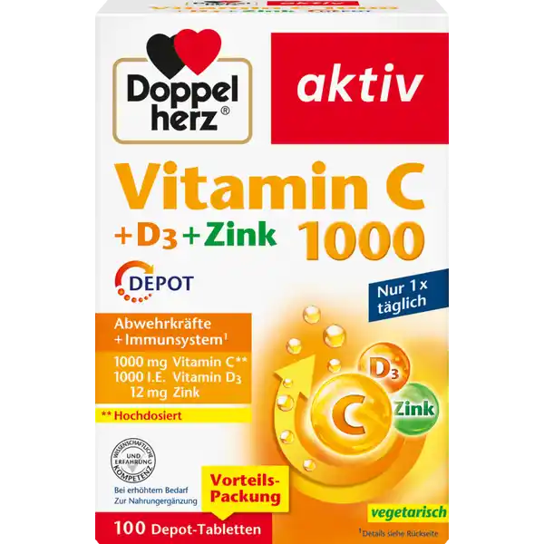 عبوة كبيرة من Doppelherz Vitamin C 1000 + D3 + Zink Depot