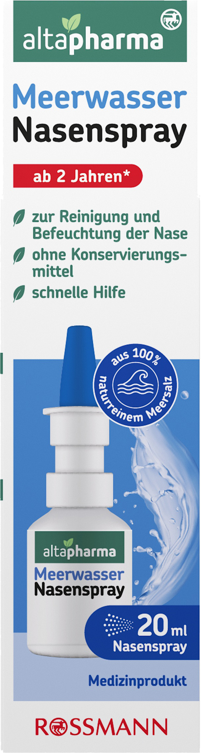 altapharma Meerwasser Nasenspray, 100% naturreines Meersalz, ohne Konservierungsstoffe, ab 2 Jahren, 20 ml
