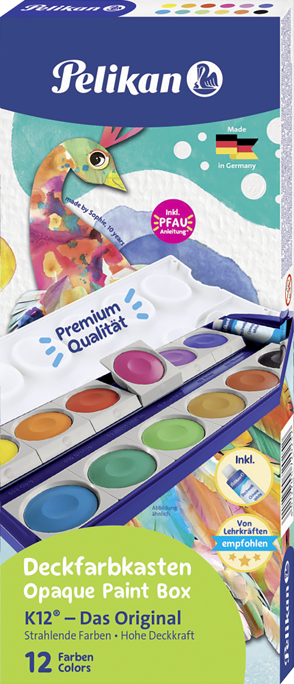 Pelikan Deckfarbkasten K12 mit 12 Farben und 1 Tube Deckweiß