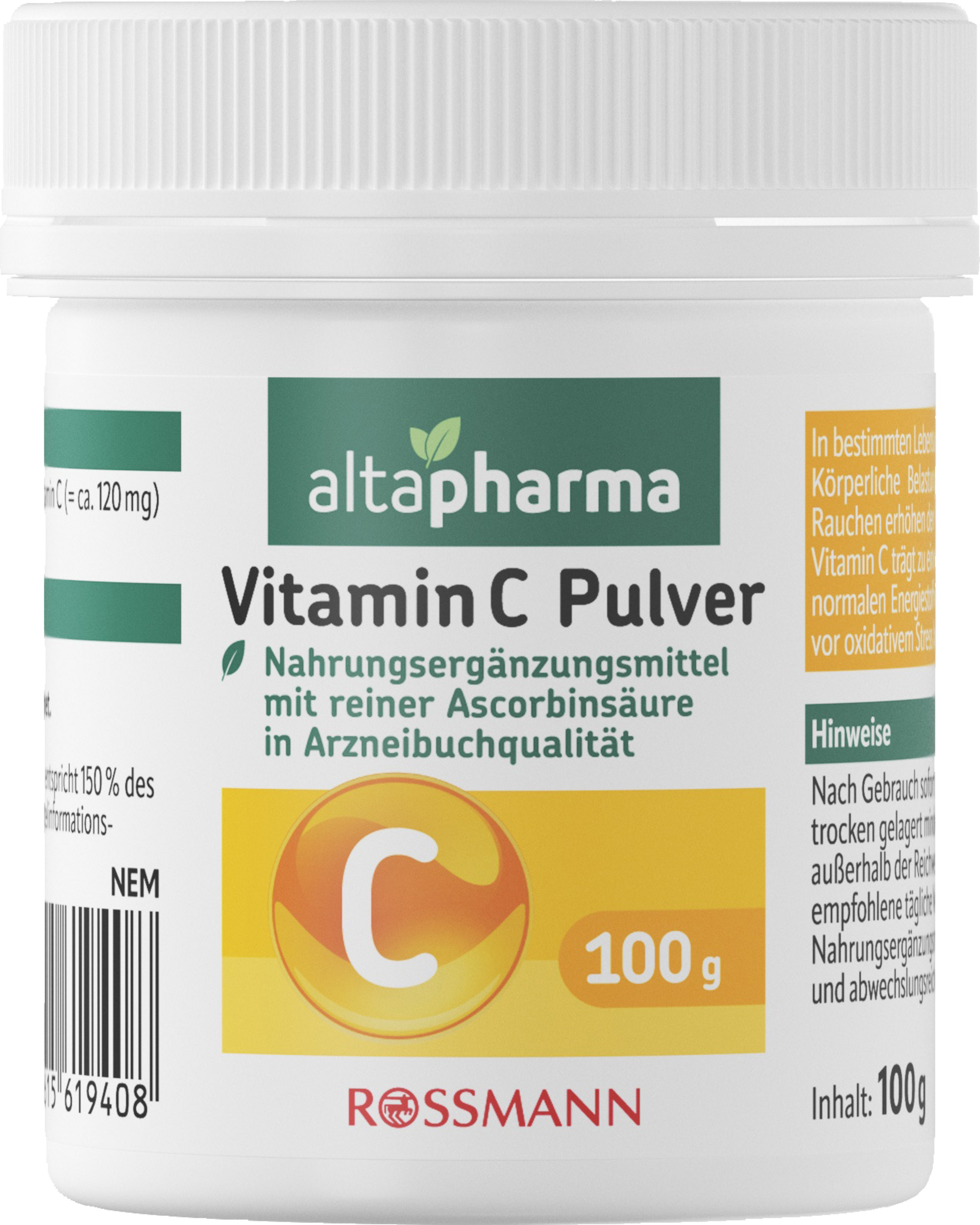 altapharma Vitamin C Pulver, reine Ascorbinsäure, Arzneibuchqualität, 100 g