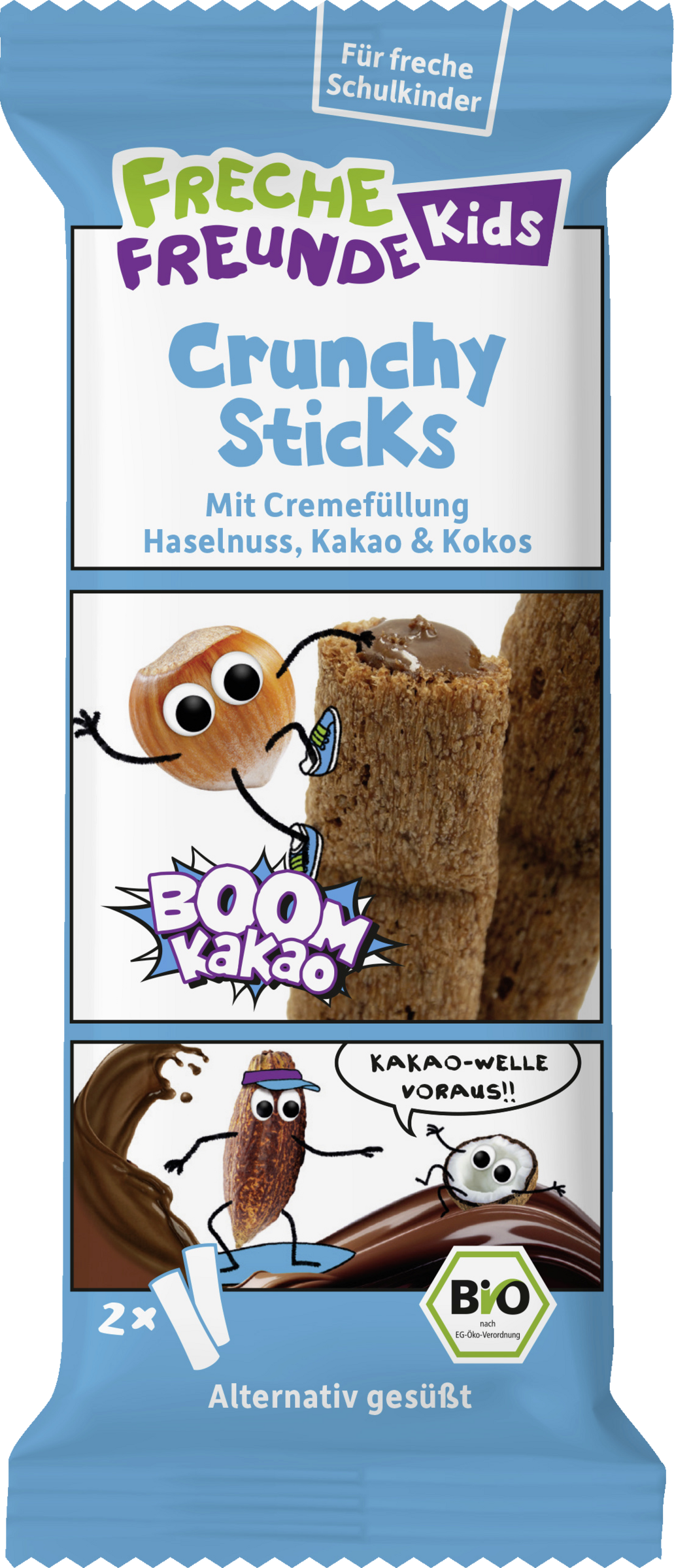 Freche Freunde Bio Kids Crunchy Sticks mit Cremefüllung Haselnuss, Kakao und Kokos