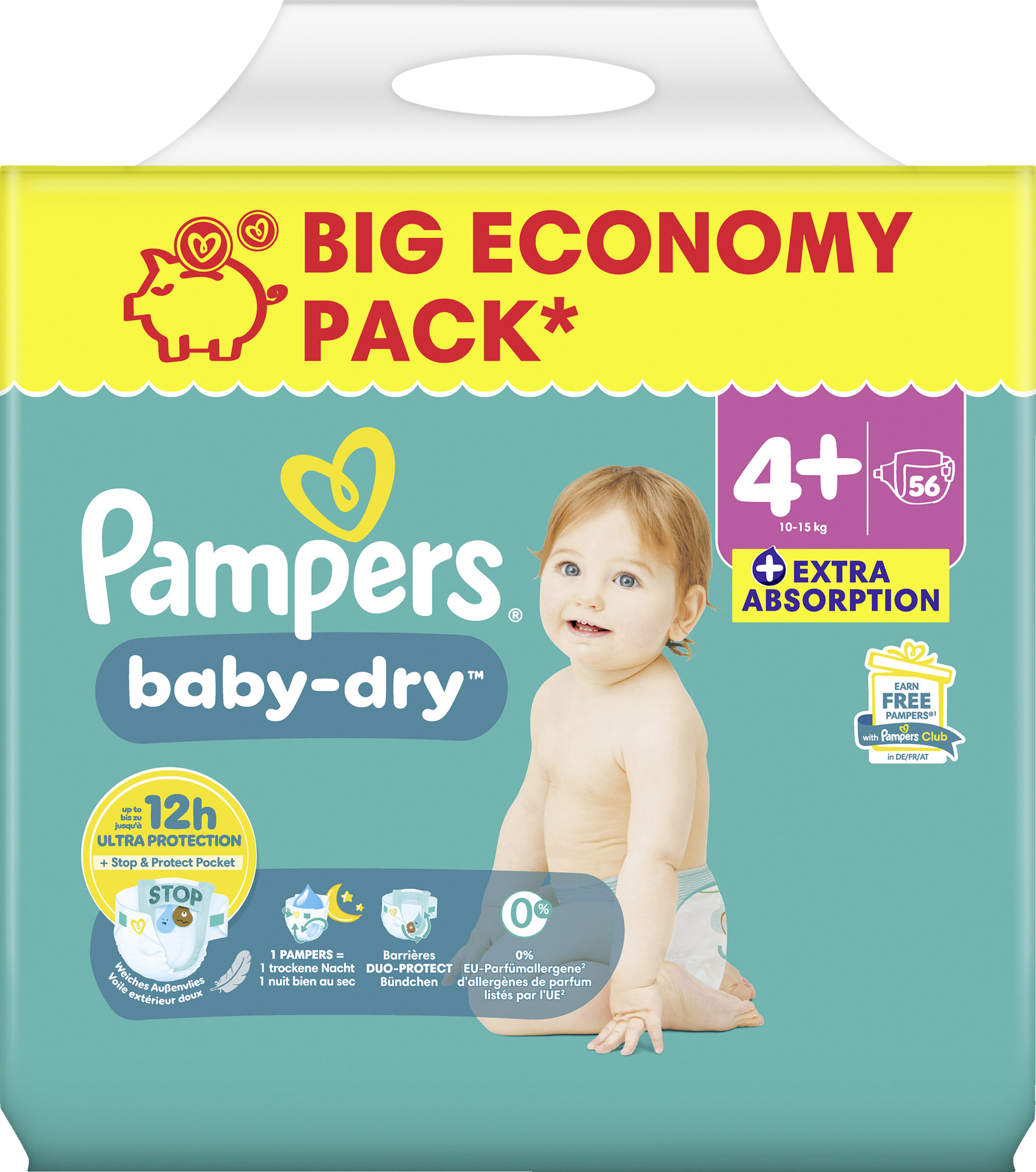 Baby Dry Windeln Gr. 4+ Maxi Plus (10-15 kg) Big Pack 56 Stück