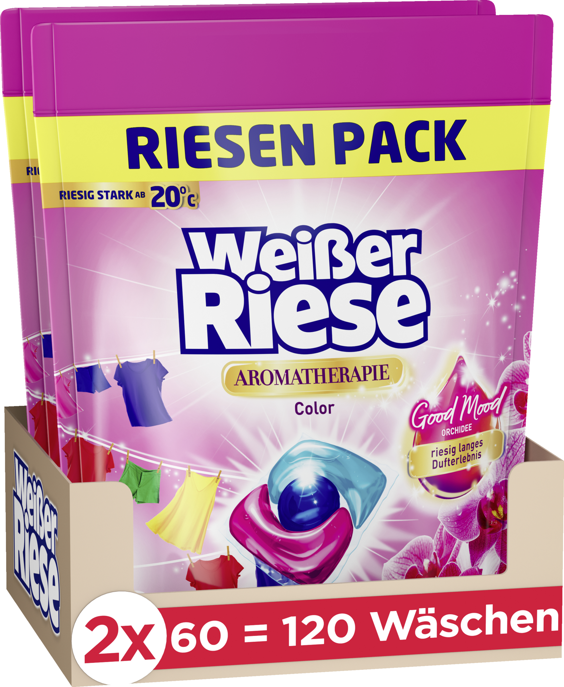 Weißer Riese Colorwaschmittel Trio Caps Aromatherapie Orchidee Riesen Pack 120WL