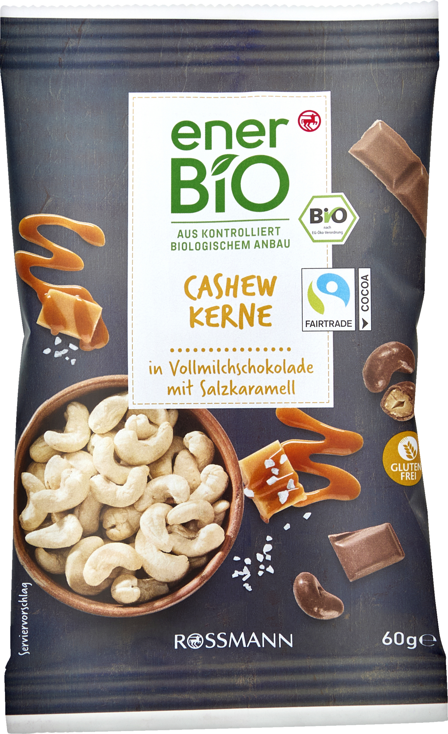 enerBiO Cashew Kerne in Vollmilchschokolade mit Salzkaramell