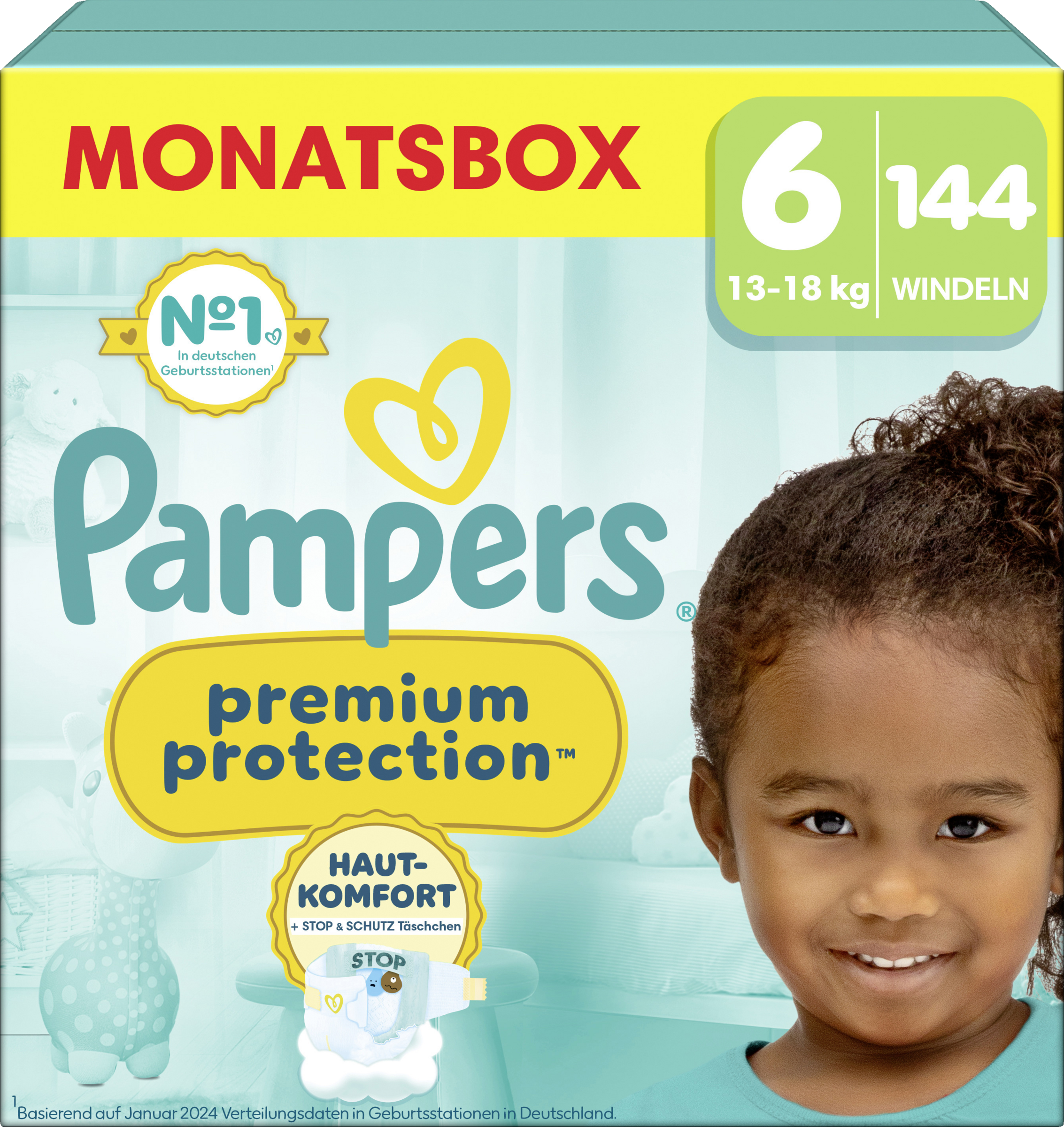 Pampers Premium Protection Windeln Gr. 6 Extra Large (13+ kg) Monatsbox 144 Stück