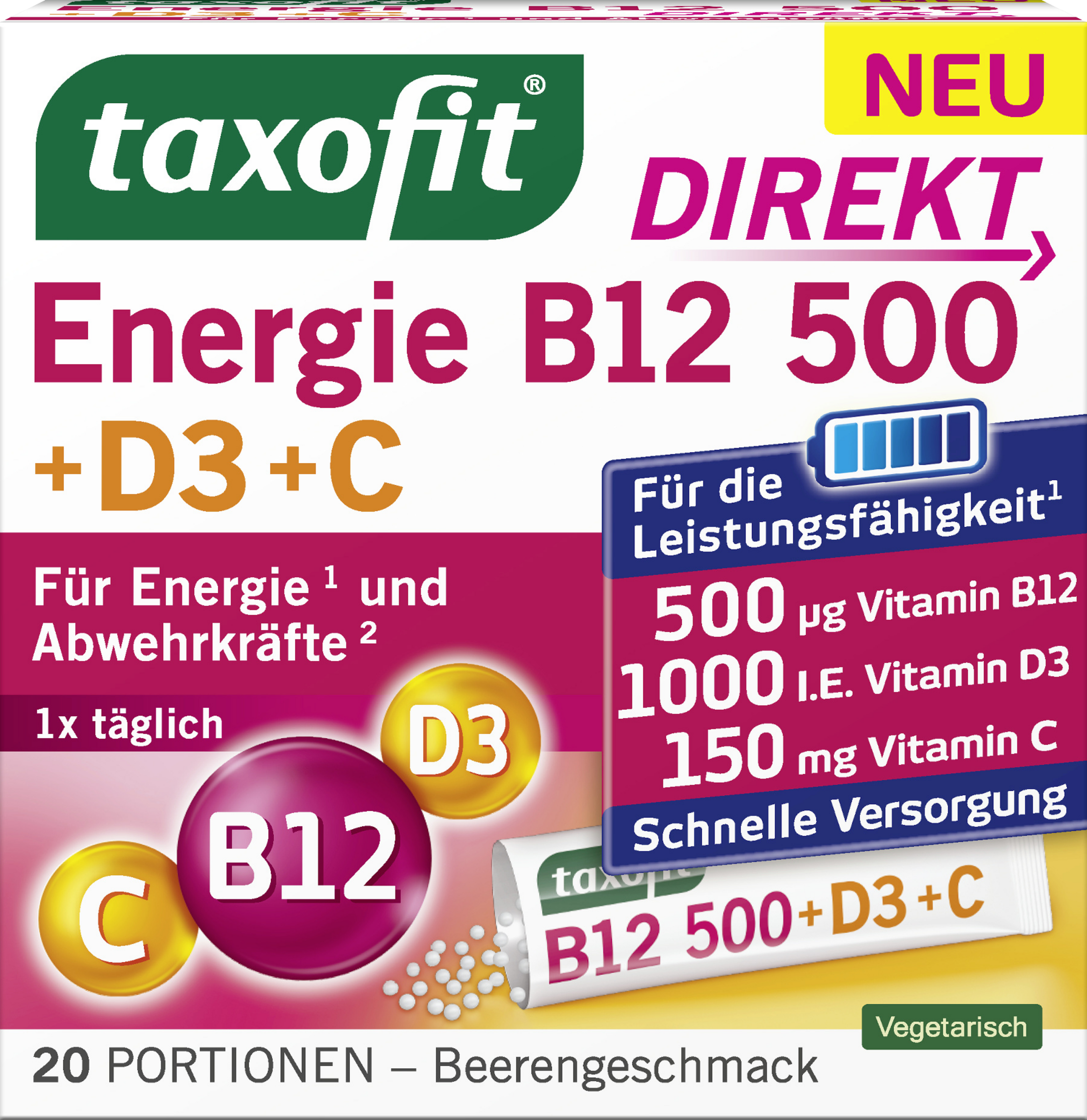 taxofit Energie B12 500+D3+C Direkt Beutel