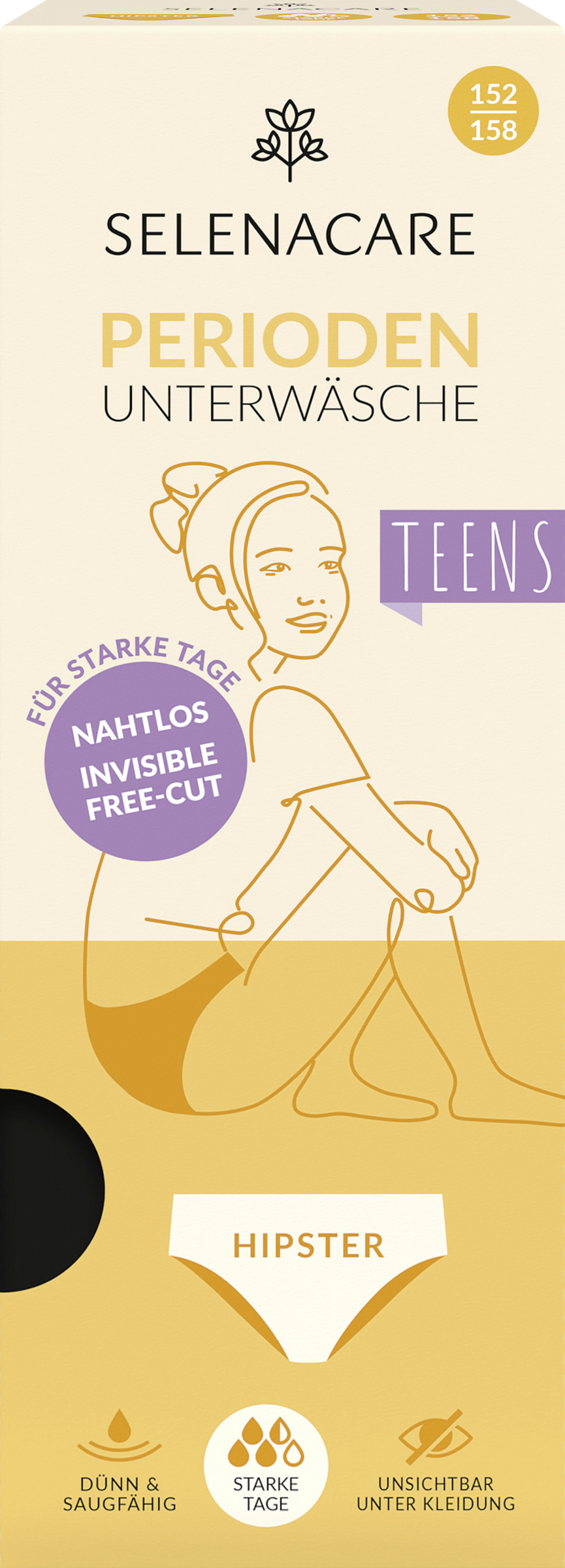 Selenacare Menstruationsunterwäsche Free-Cut Teens Hipster, Gr. 152/158, schwarz