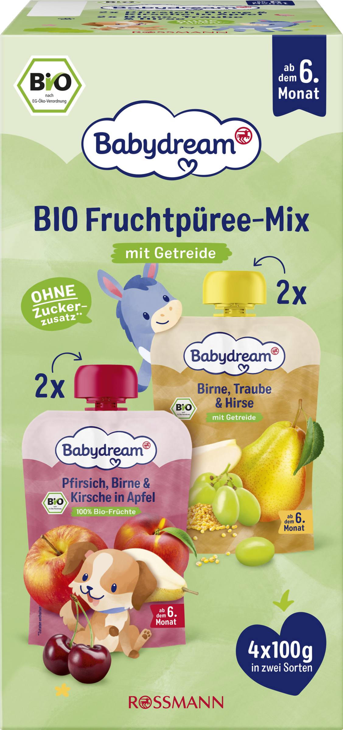 Babydream 4er Pack Bio Quetschie Pfirsich, Birne & Kirsche in Apfel + Birne, Traube & Hirse