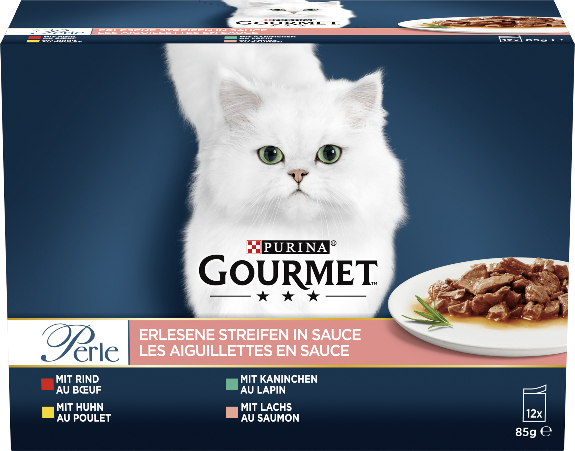 Gourmet Perle Erlesene Streifen mit Rind Huhn Kaninchen Lachs