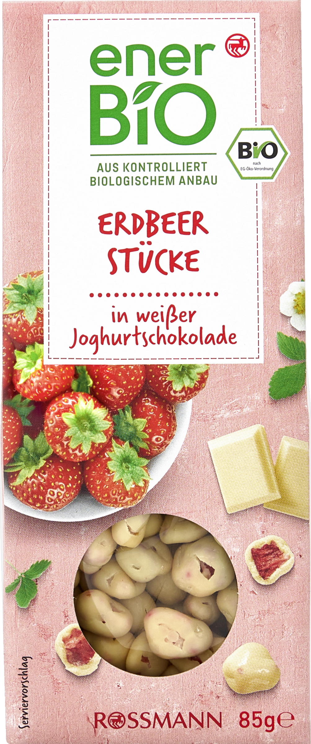 Gefriergetrocknete Erdbeerstücke in weißer Joghurtschokolade