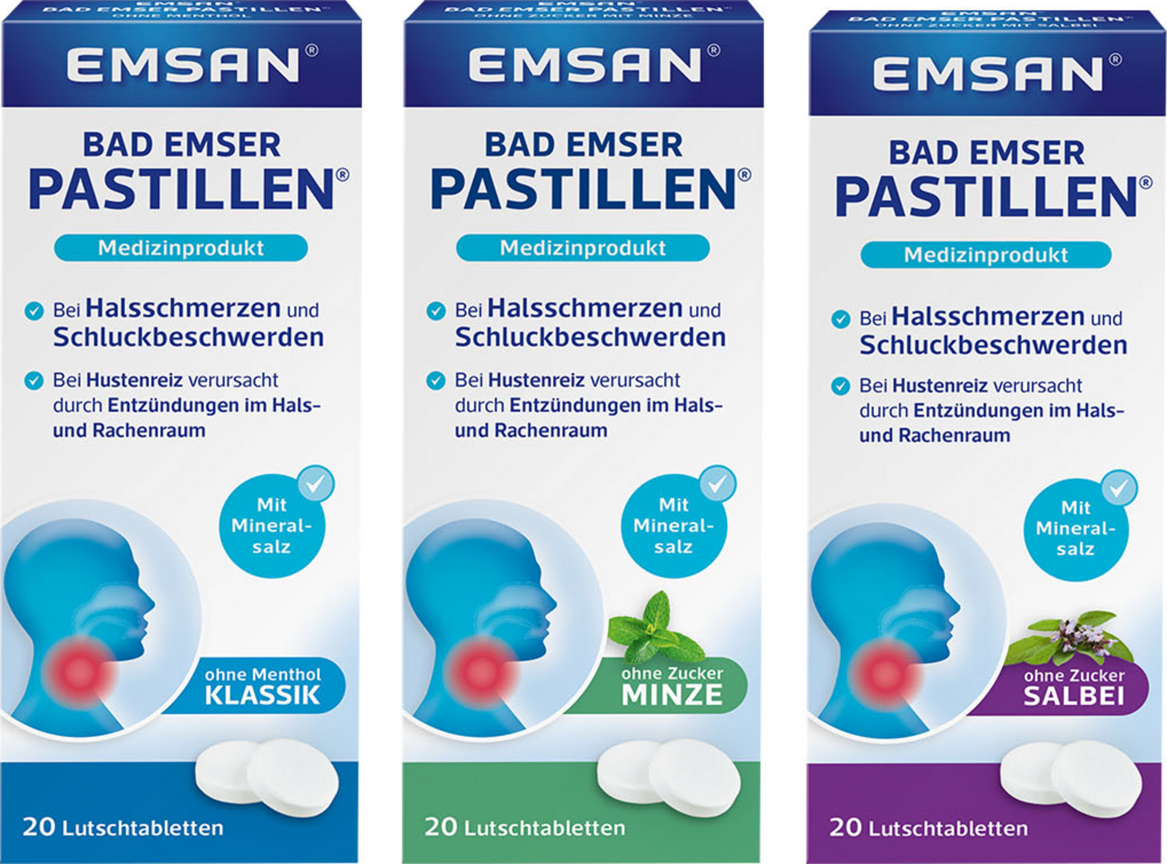 Emsan Bad Emser Pastillen ohne Zucker mit Salbei / mit Minze / ohne Menthol