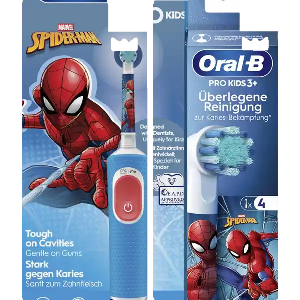 فرشاة أسنان كهربائية Pro Kids Spiderman + رؤوس فرشاة Spiderman 4 قطع للأطفال من سن 3 سنوات