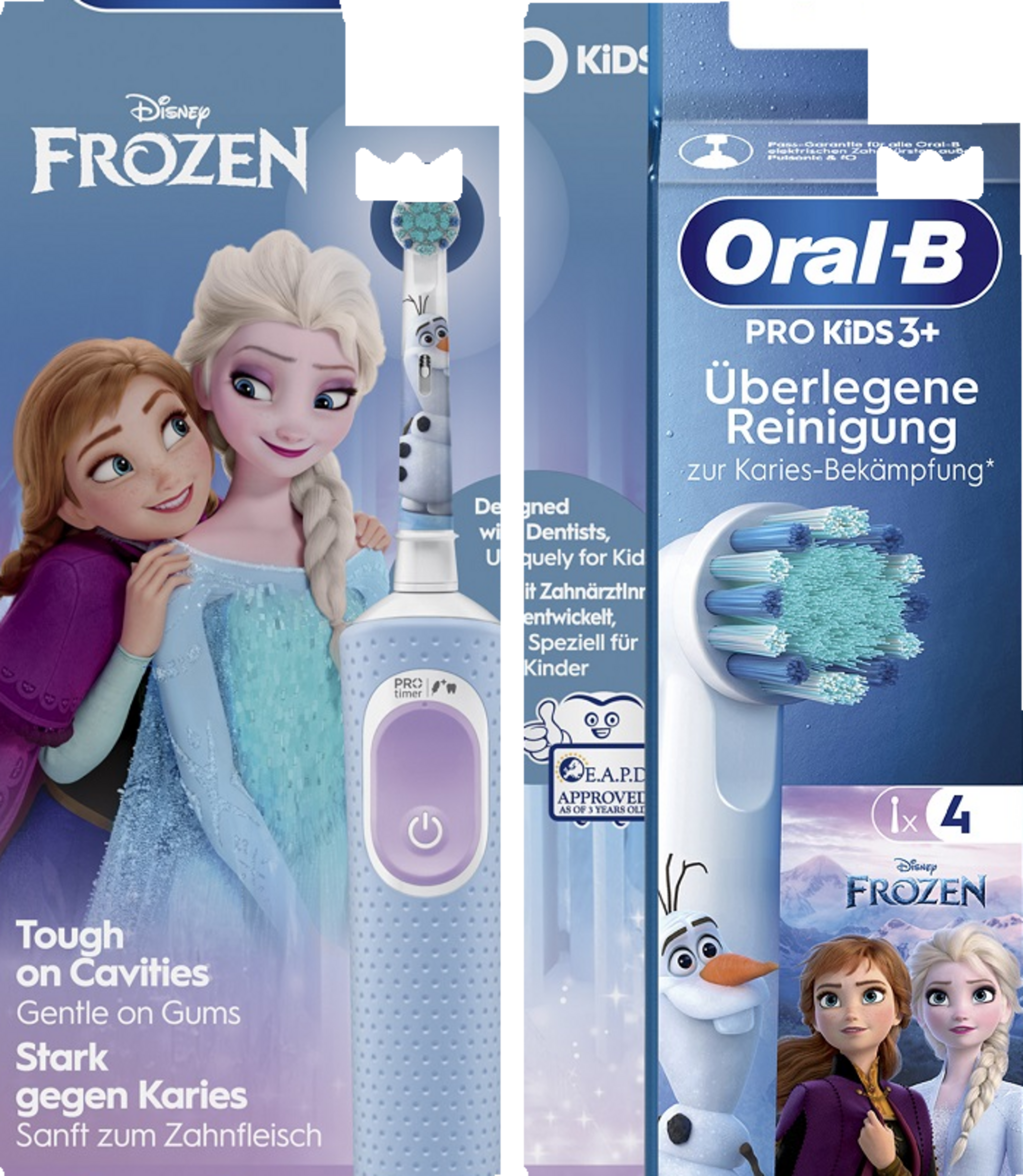 فرشاة أسنان كهربائية Pro Kids Frozen + رؤوس استبدال فروزن، عبوة 4 قطع، للأعمار من 3 سنوات فما فوق