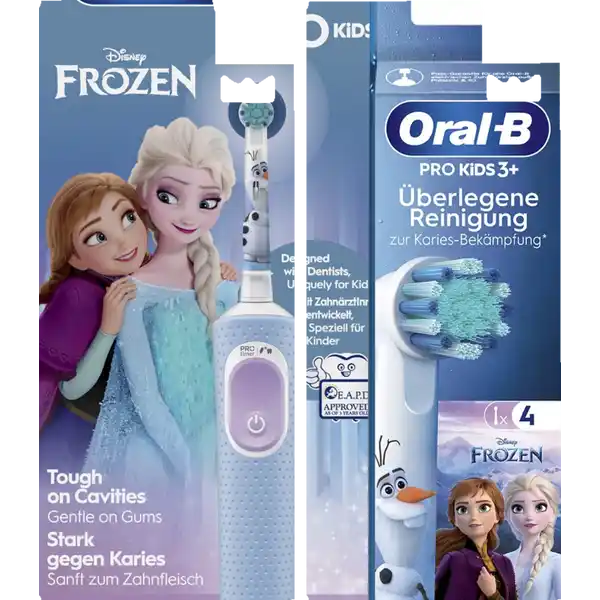 فرشاة أسنان كهربائية Pro Kids Frozen + رؤوس استبدال فروزن، عبوة 4 قطع، للأعمار من 3 سنوات فما فوق
