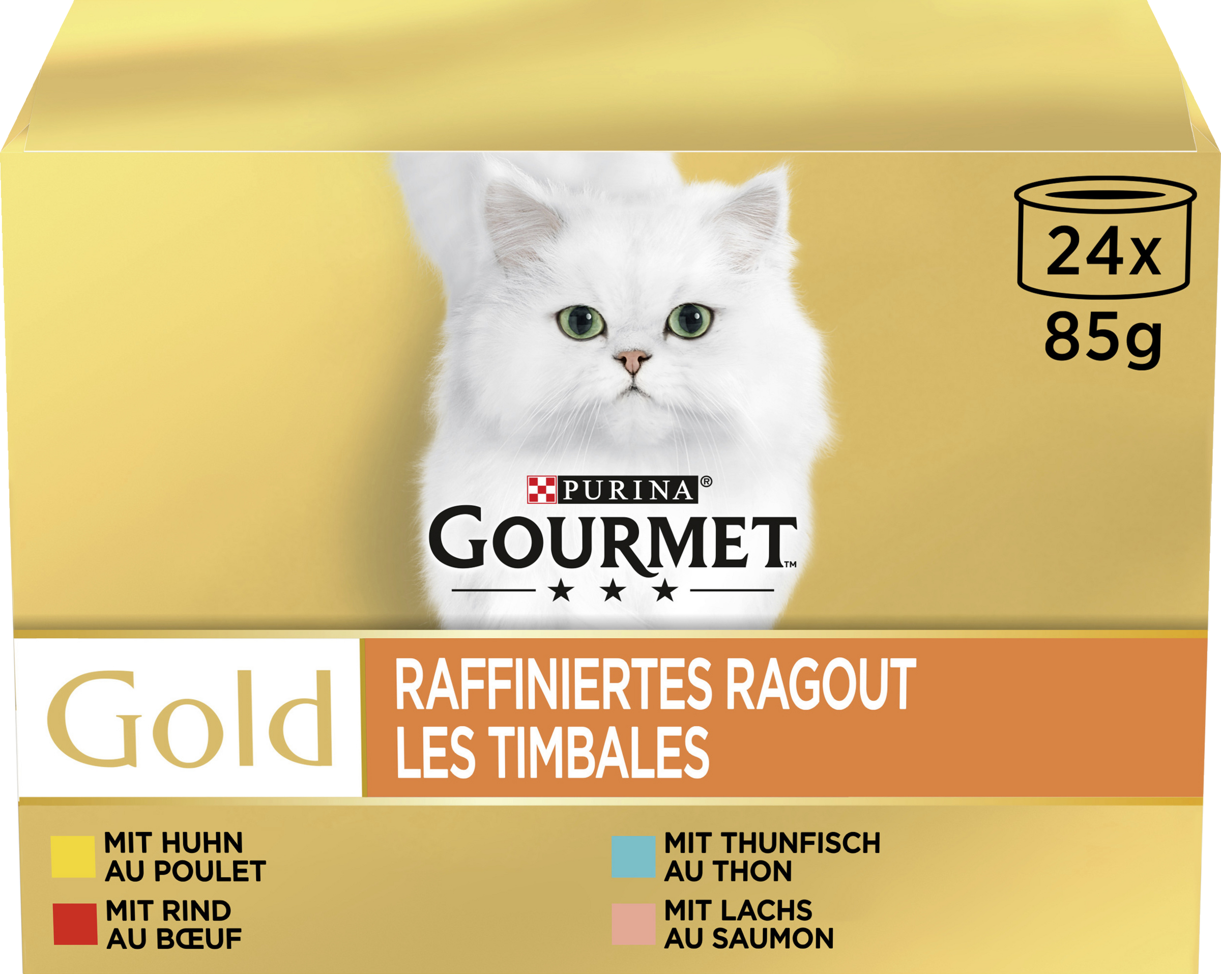 Gold raffiniertes Ragout mit Huhn, Rind, Thunfisch und Lachs