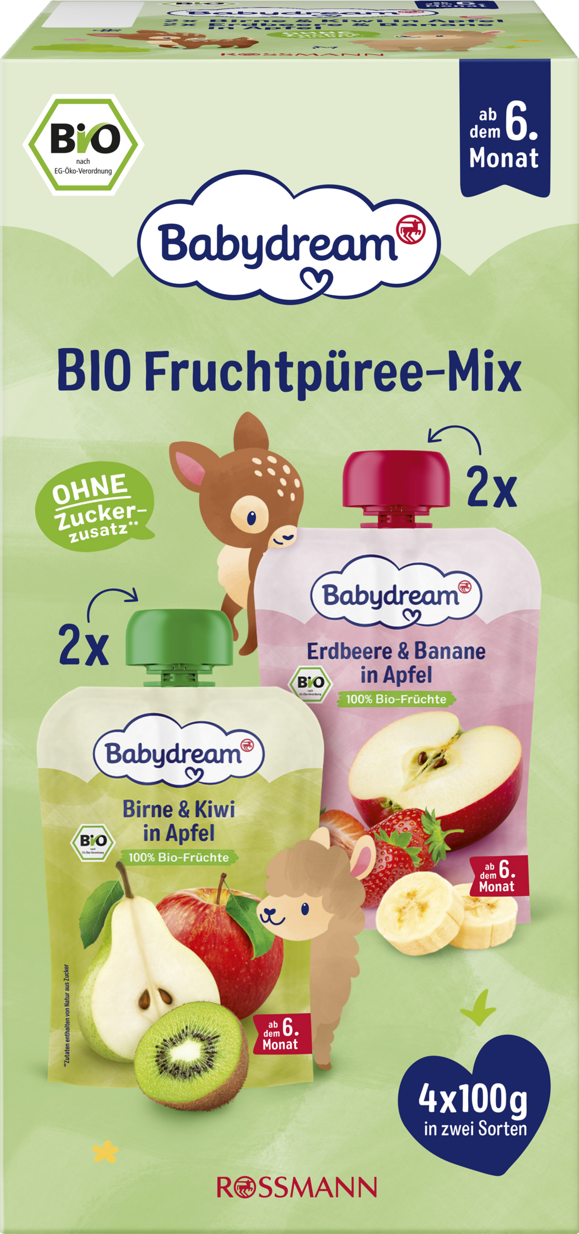 Babydream Bio Fruchtpüree-Mix (4x100g) Erdbeere & Banane in Apfel + Birne & Kiwi in Apfel