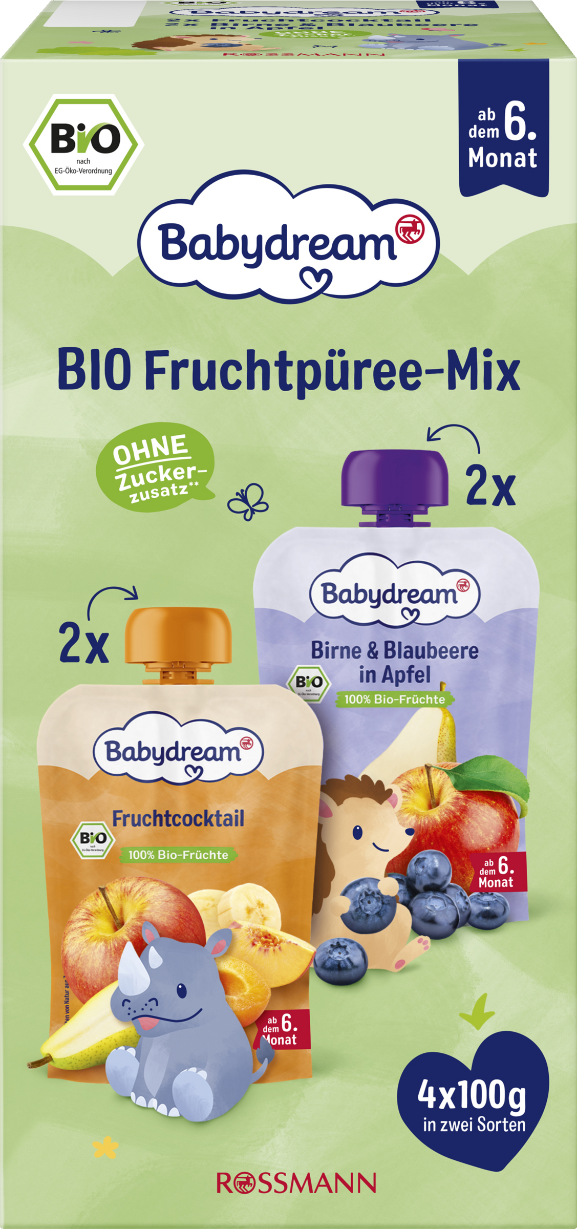 Babydream Bio Fruchtpüree-Mix Fruchtcocktail + Birne & Blaubeere in Apfel