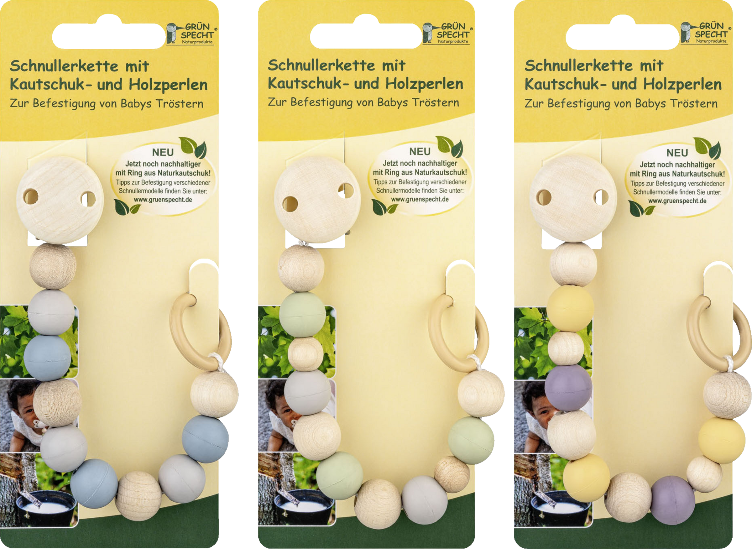 GRÜNSPECHT Schnullerkette mit Kautschuk- & Holzperlen