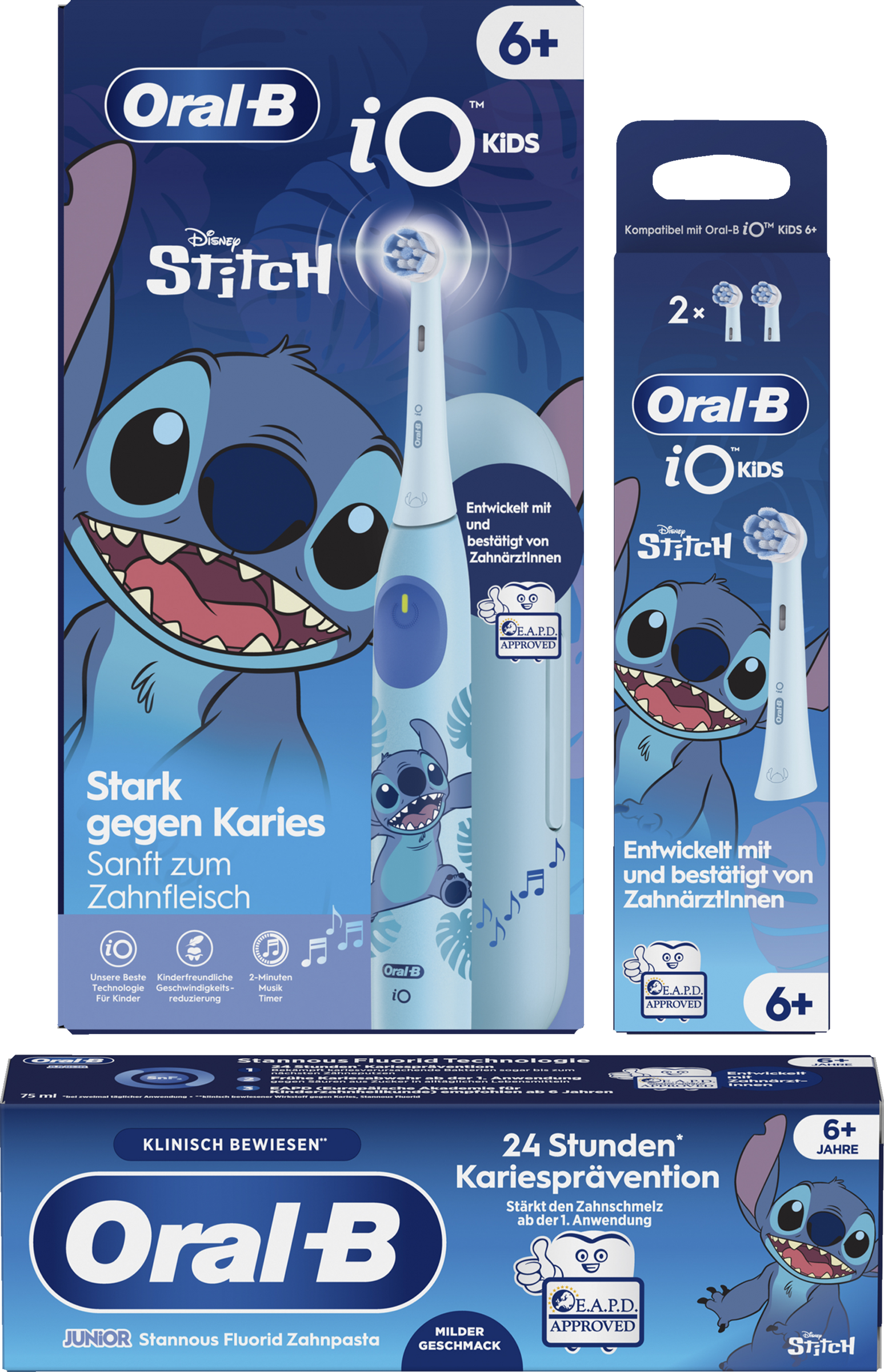 فرشاة أسنان كهربائية iO Kids 6+ Stitch + رؤوس فرشاة إضافية 2 + معجون أسنان Junior Stitch 75 مل للأعمار من 6 سنوات فما فوق