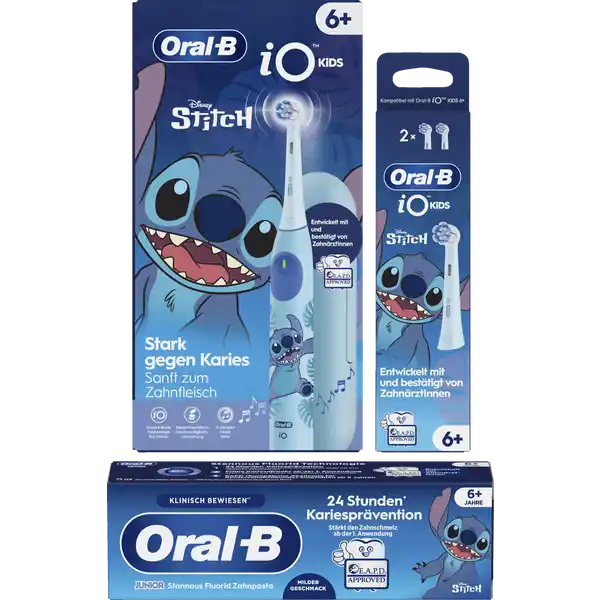 فرشاة أسنان كهربائية iO Kids 6+ Stitch + رؤوس فرشاة إضافية 2 + معجون أسنان Junior Stitch 75 مل للأعمار من 6 سنوات فما فوق