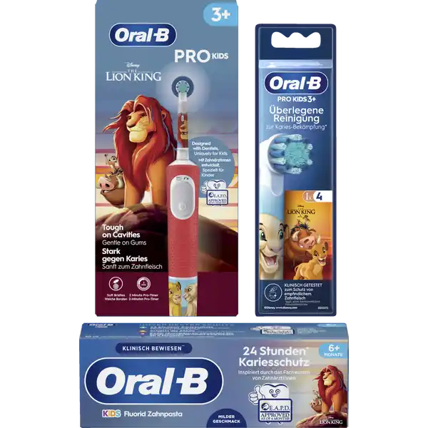 فرشاة أسنان كهربائية Pro Kids König der Löwen + رؤوس فرشاة عبوة من 4 أقطاب من سن 3 سنوات + معجون أسنان 60 مل